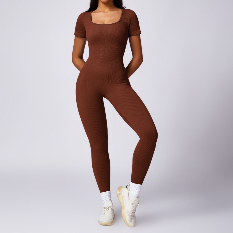 SKL-CLT7551 SEAMLEASS RIBBED SHORT SLEEVE JUMPSUIT