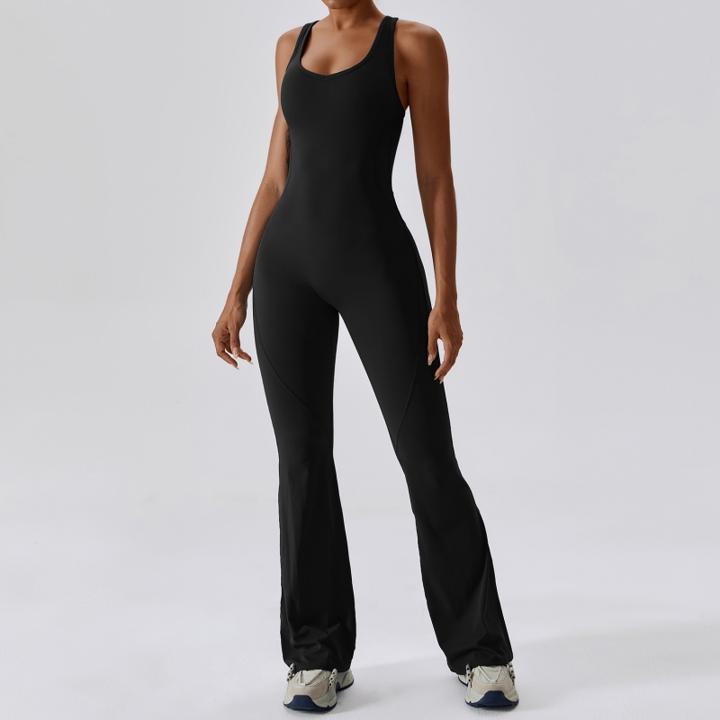 SKL-CLT8117 UNECK HOLLOW BACK EXTENDED SLEEVELESS YOGA JUMPSUIT