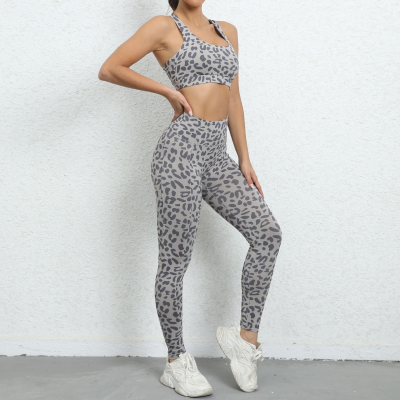 SKL-QS44839 SLEVELESS BACKLESS LEOPARD PRINT YOGA SETS