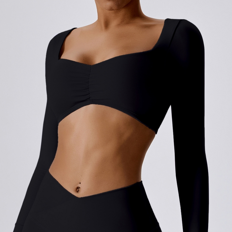 SKL-BCX8018 DIAMOND COLLAR PLEATED FRONT LONG SLEEVE YOGA TOP