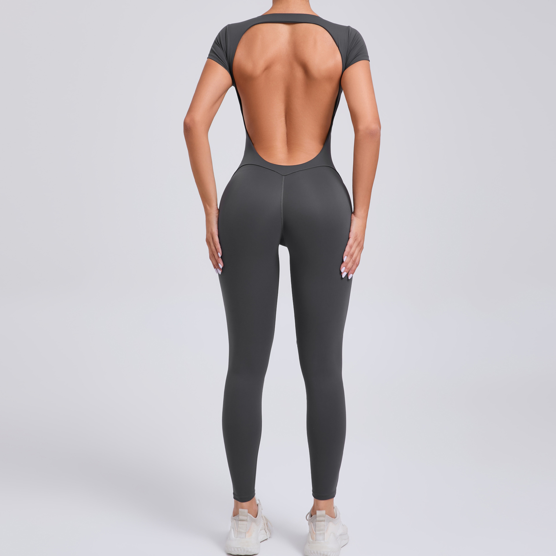 Sexy Backless Short-Sleeved High-Intensity Fitness Jumpsuit   QS89071