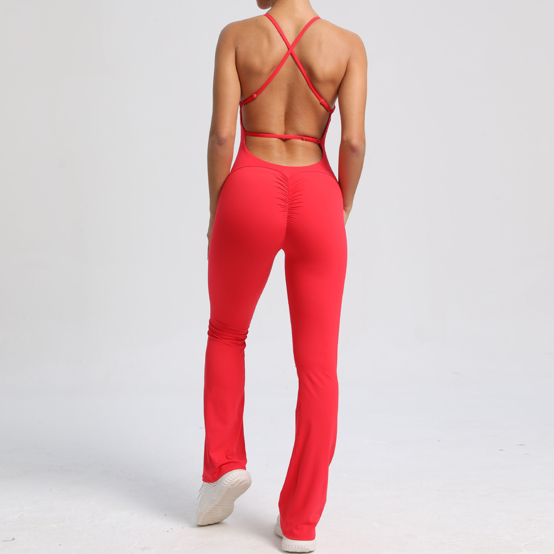 Solid Flared Trousers Cutout Backless Jumpsuit QS53202