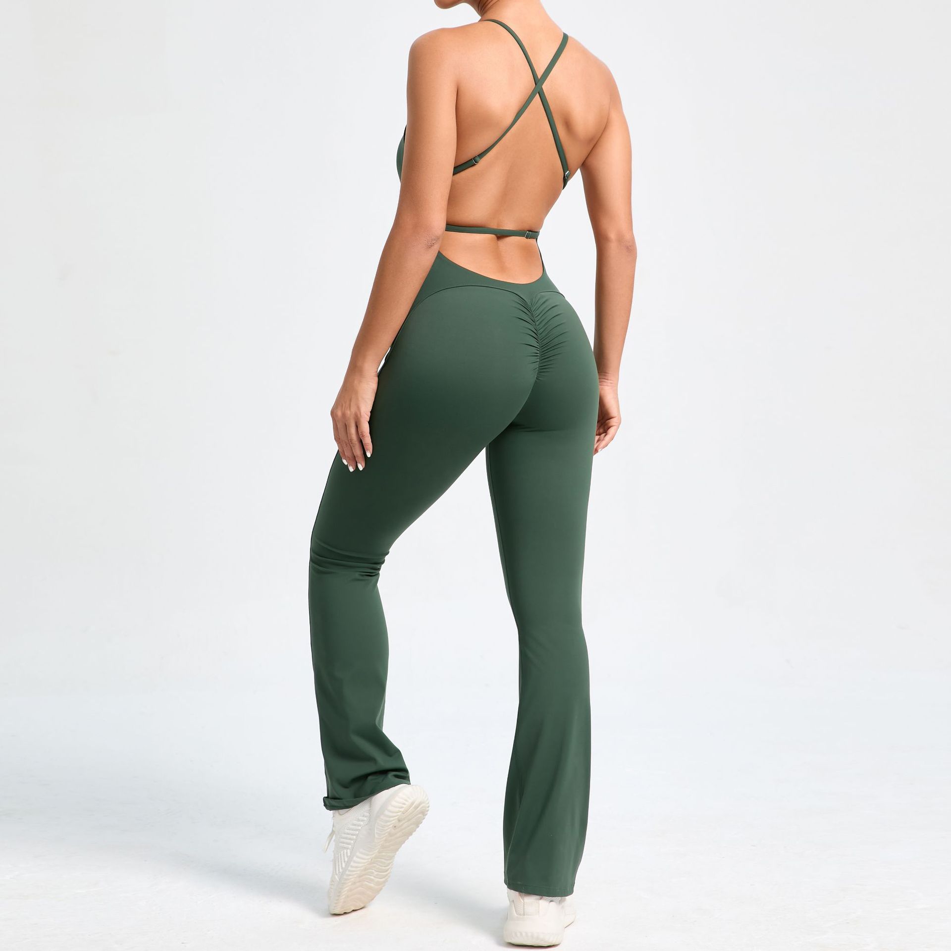 Solid Flared Trousers Cutout Backless Jumpsuit QS53202