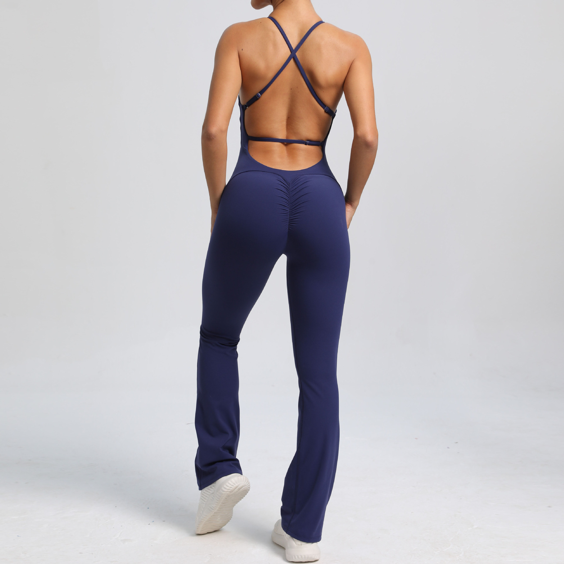 Solid Flared Trousers Cutout Backless Jumpsuit QS53202