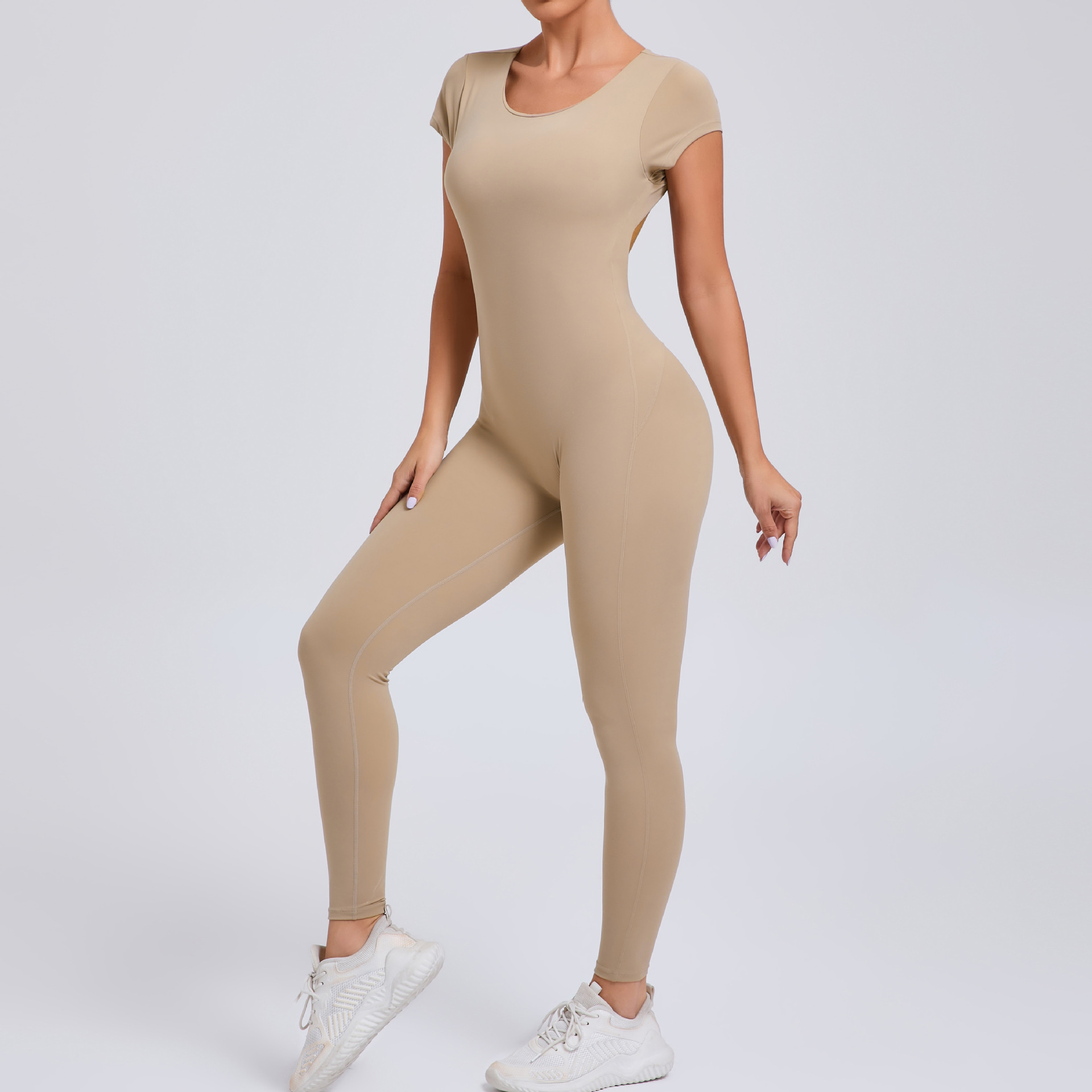 Sexy Backless Short-Sleeved High-Intensity Fitness Jumpsuit   QS89071