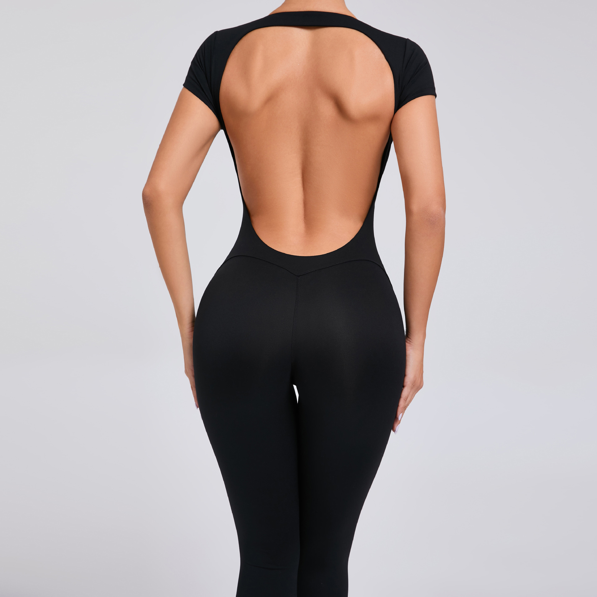 Sexy Backless Short-Sleeved High-Intensity Fitness Jumpsuit   QS89071