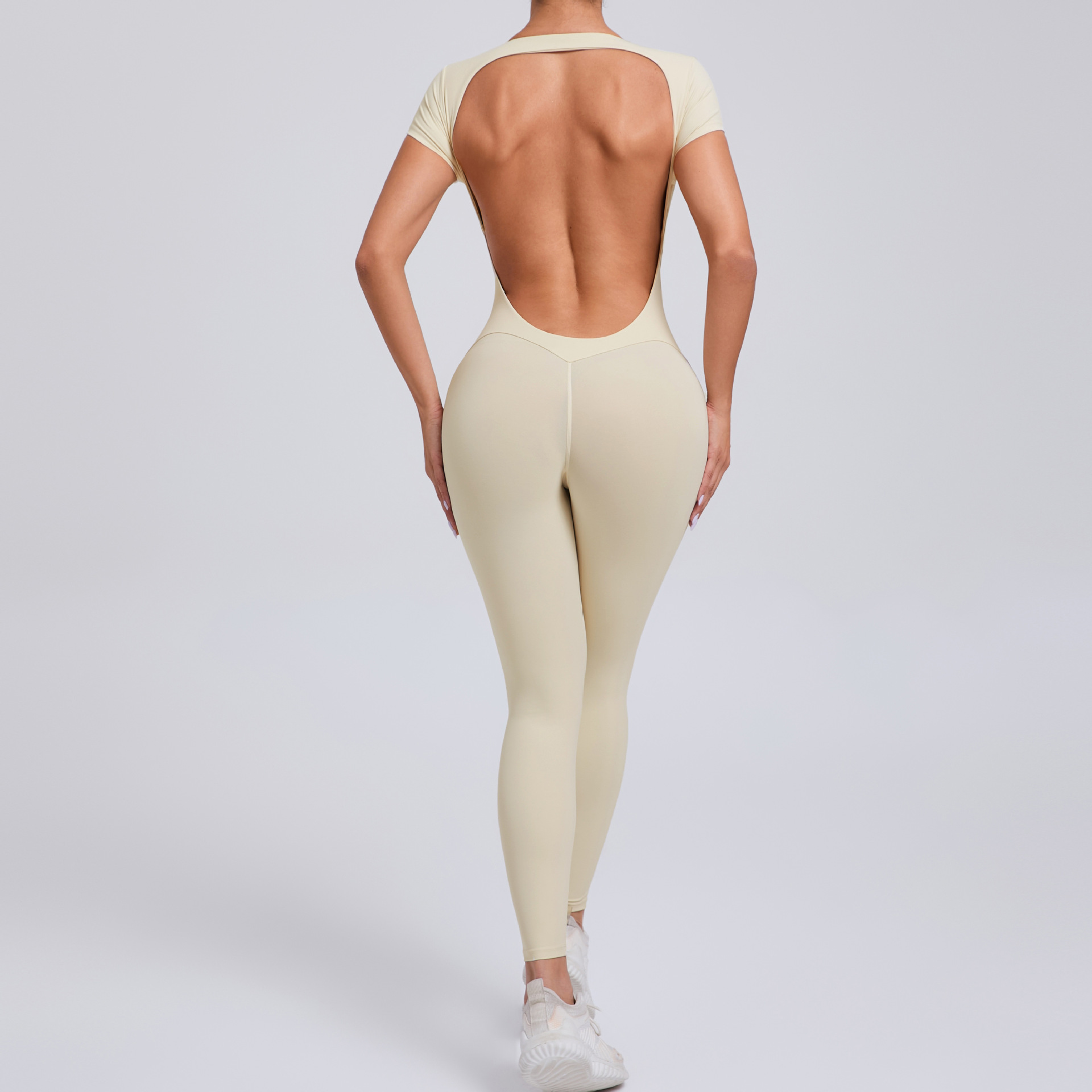 Sexy Backless Short-Sleeved High-Intensity Fitness Jumpsuit   QS89071