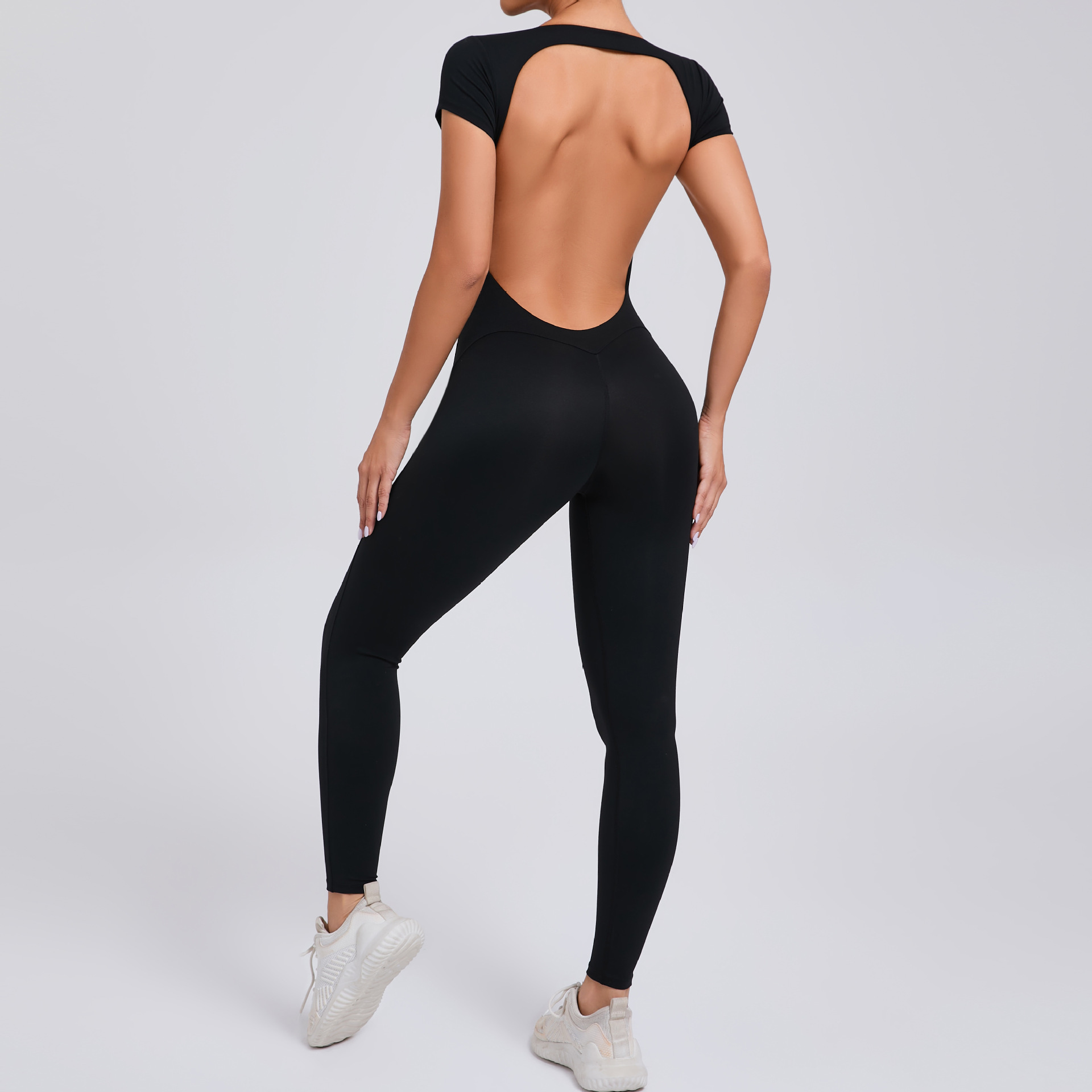 Sexy Backless Short-Sleeved High-Intensity Fitness Jumpsuit   QS89071