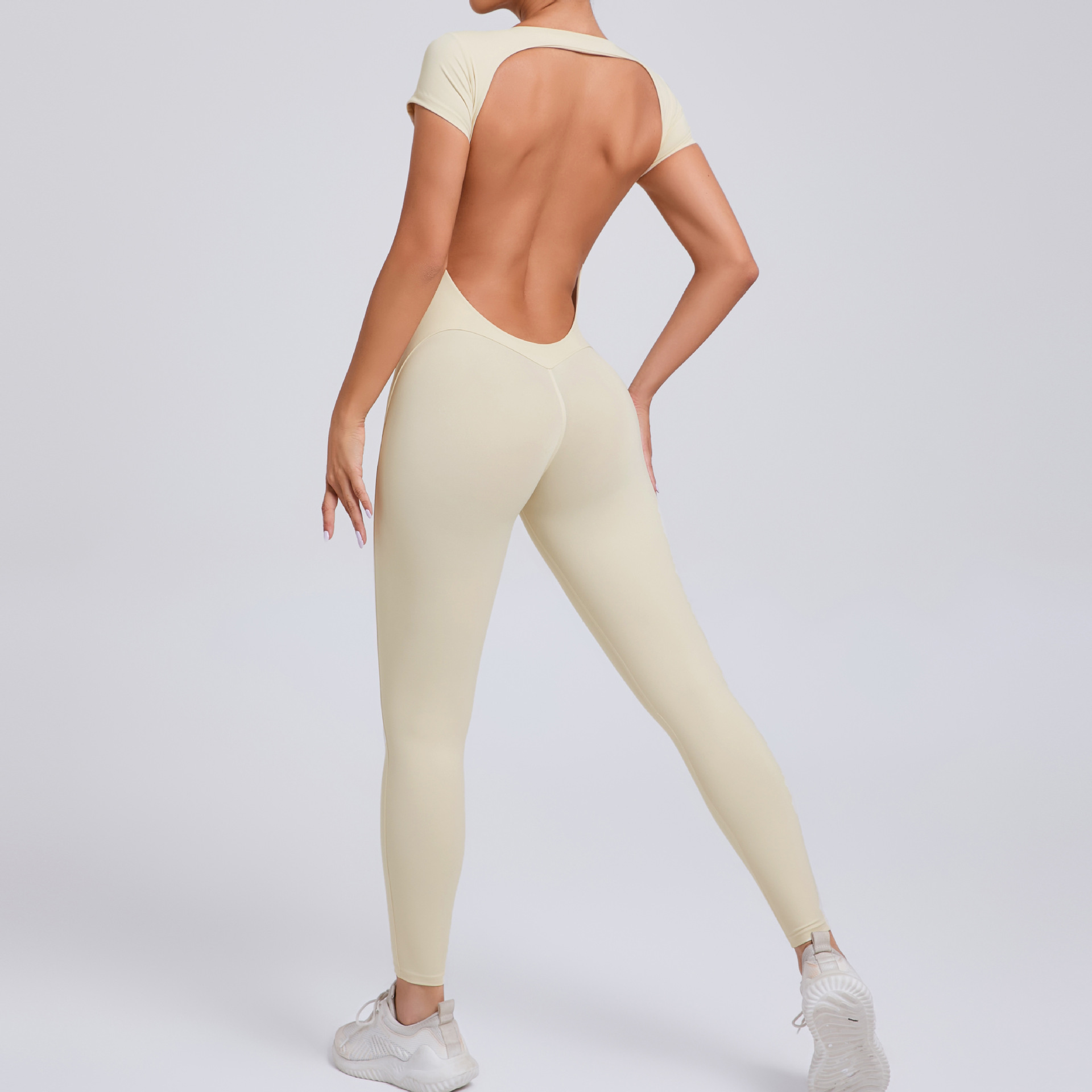 Sexy Backless Short-Sleeved High-Intensity Fitness Jumpsuit   QS89071