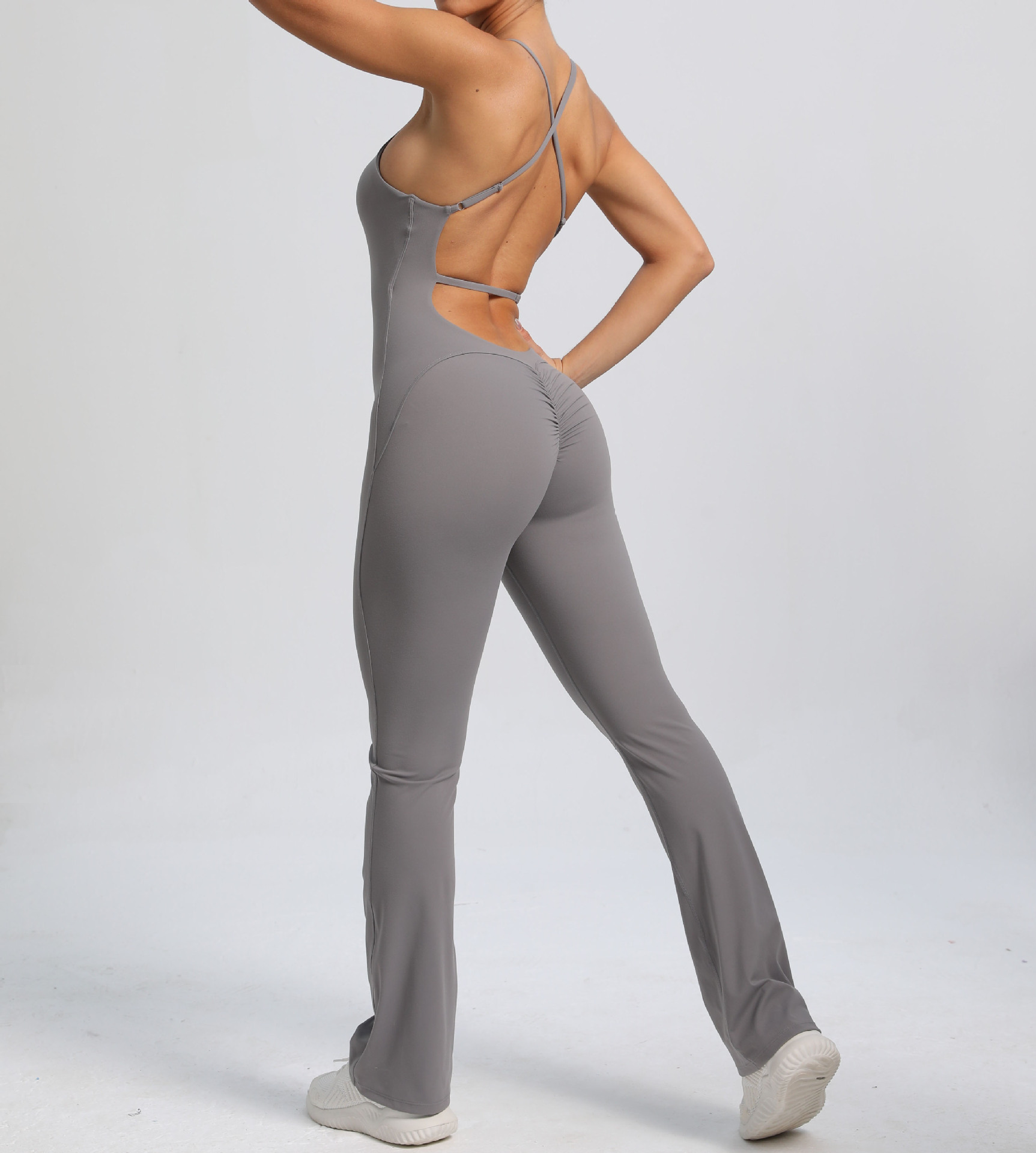 Solid Flared Trousers Cutout Backless Jumpsuit QS53202