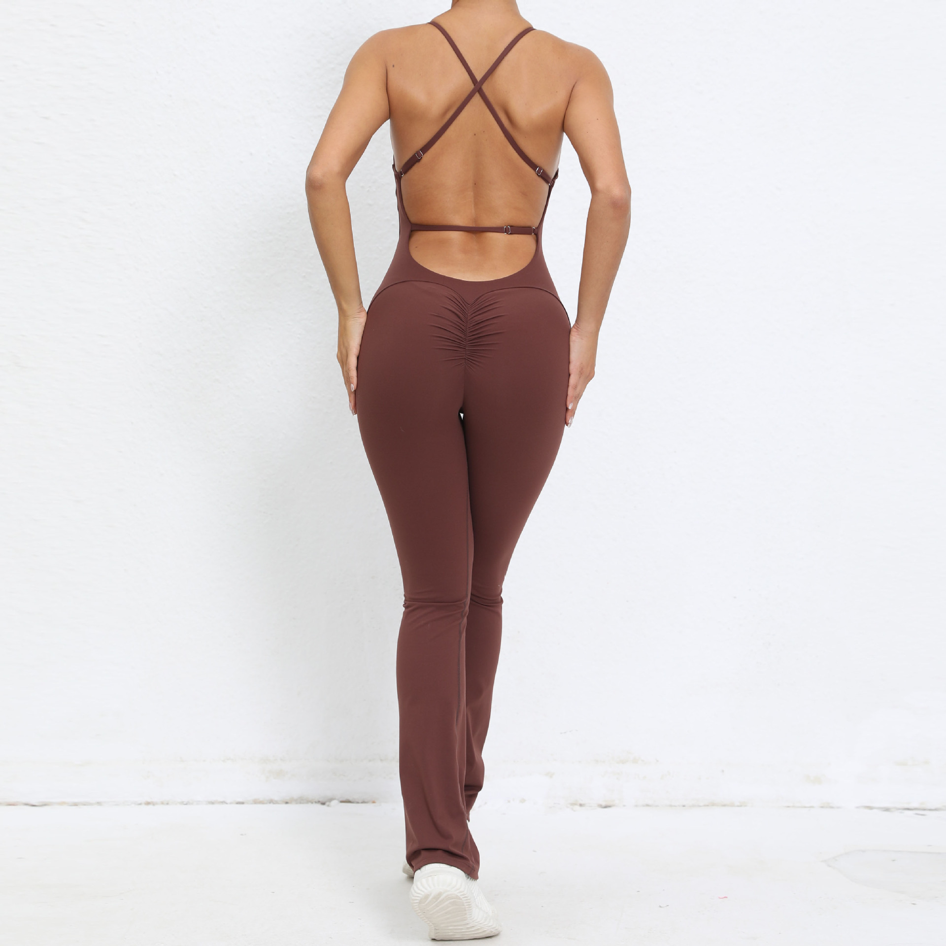 Solid Flared Trousers Cutout Backless Jumpsuit QS53202