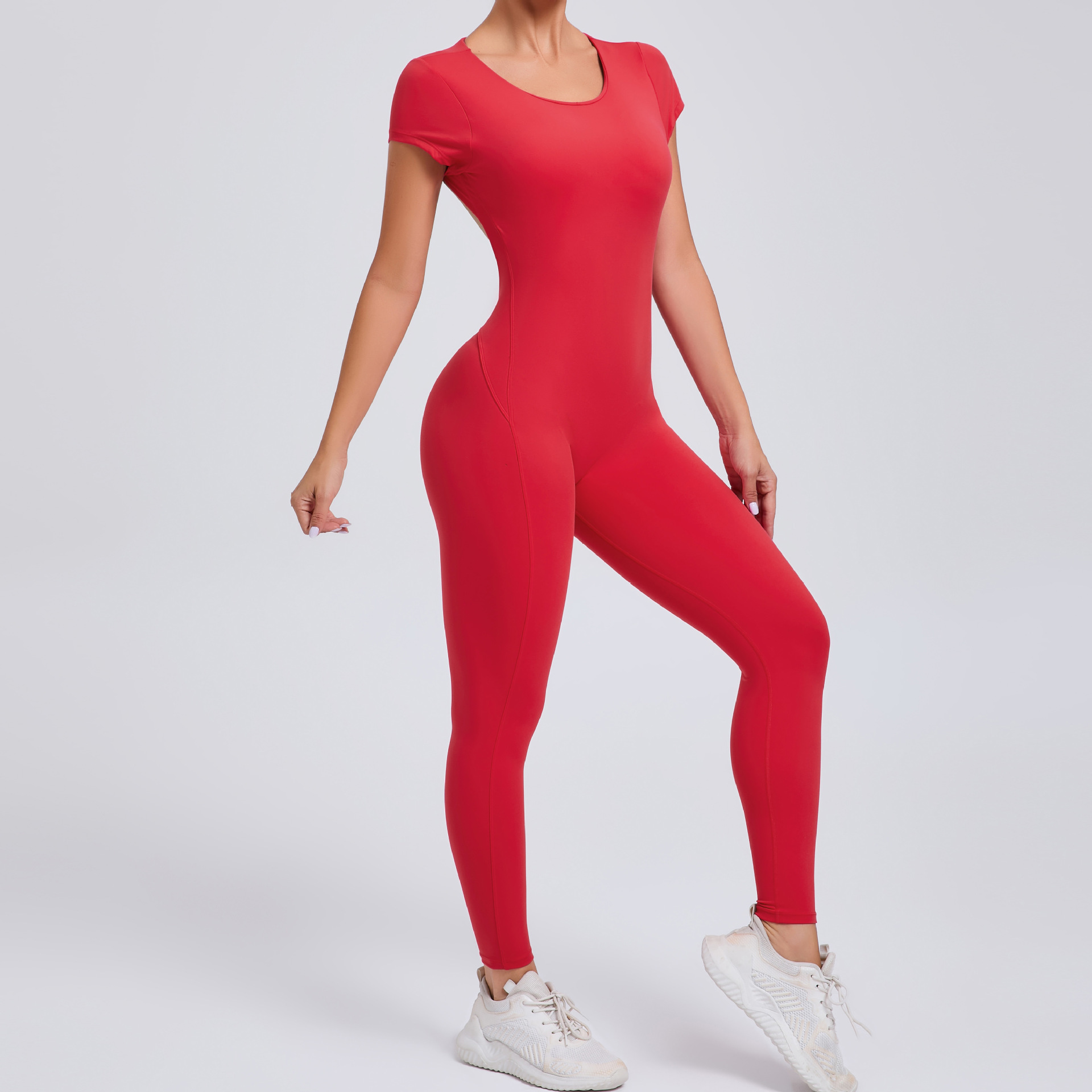 Sexy Backless Short-Sleeved High-Intensity Fitness Jumpsuit   QS89071