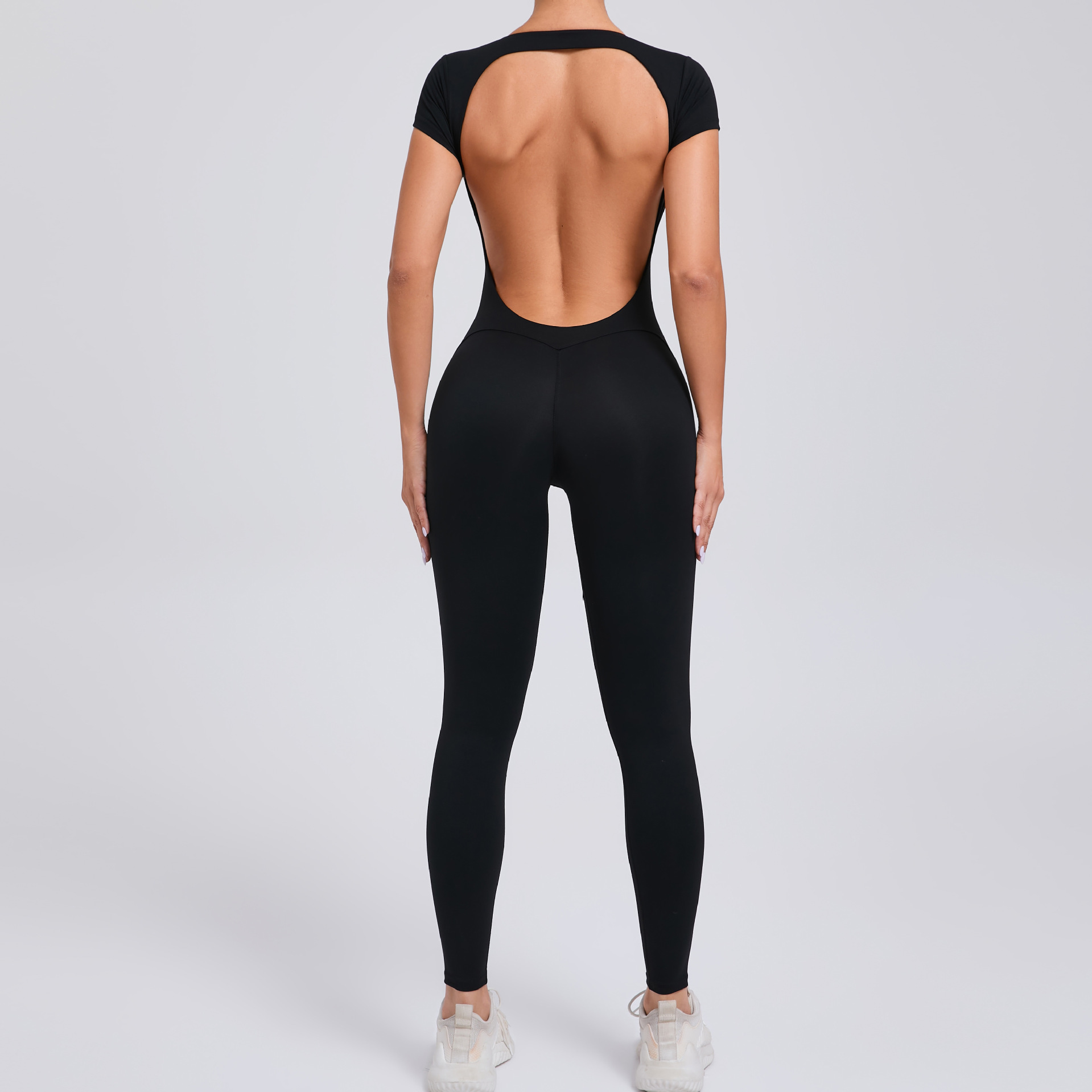 Sexy Backless Short-Sleeved High-Intensity Fitness Jumpsuit   QS89071