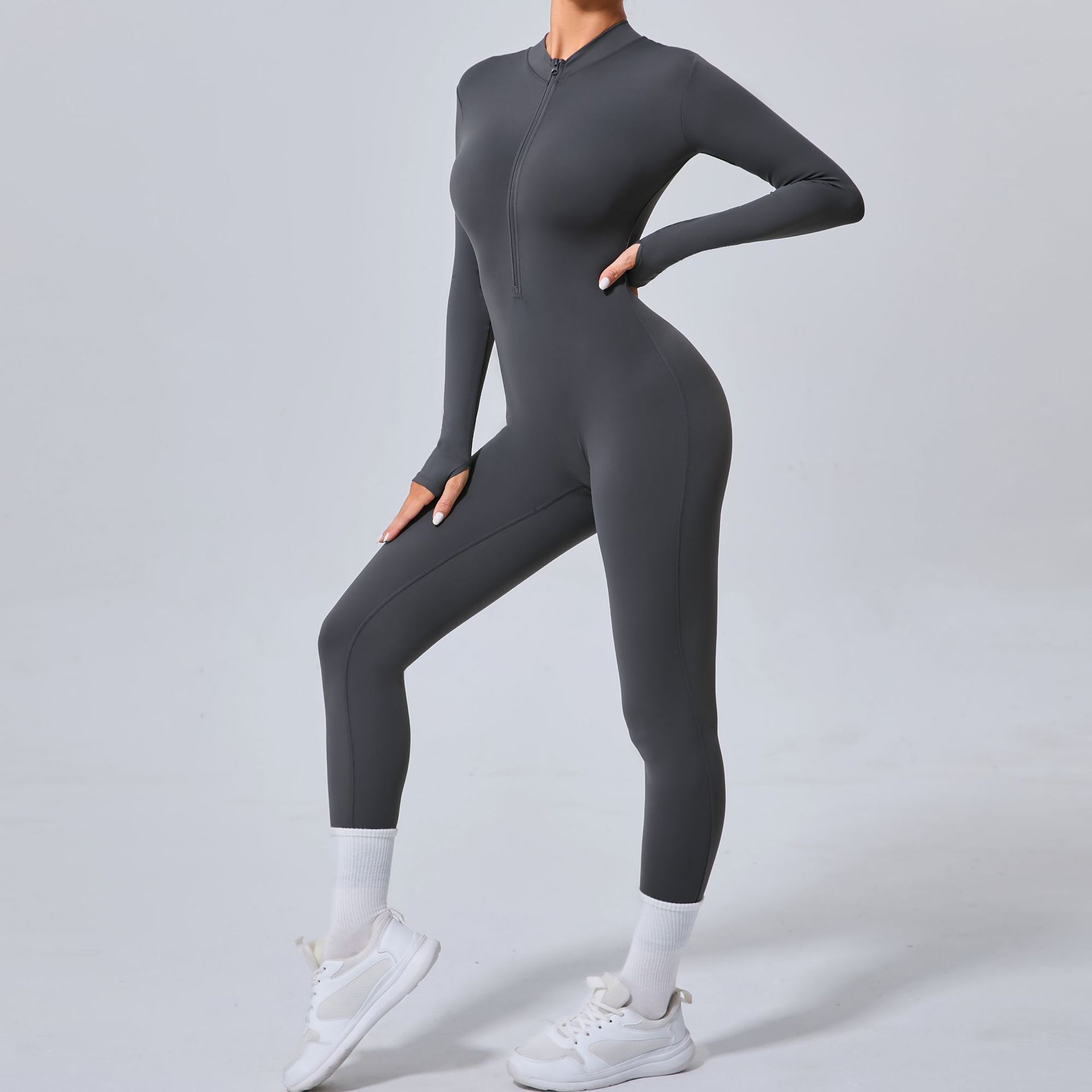 Soft Autumn And Winter Stand Collar Half Zipper Fitness Jumpsuit   QS5025