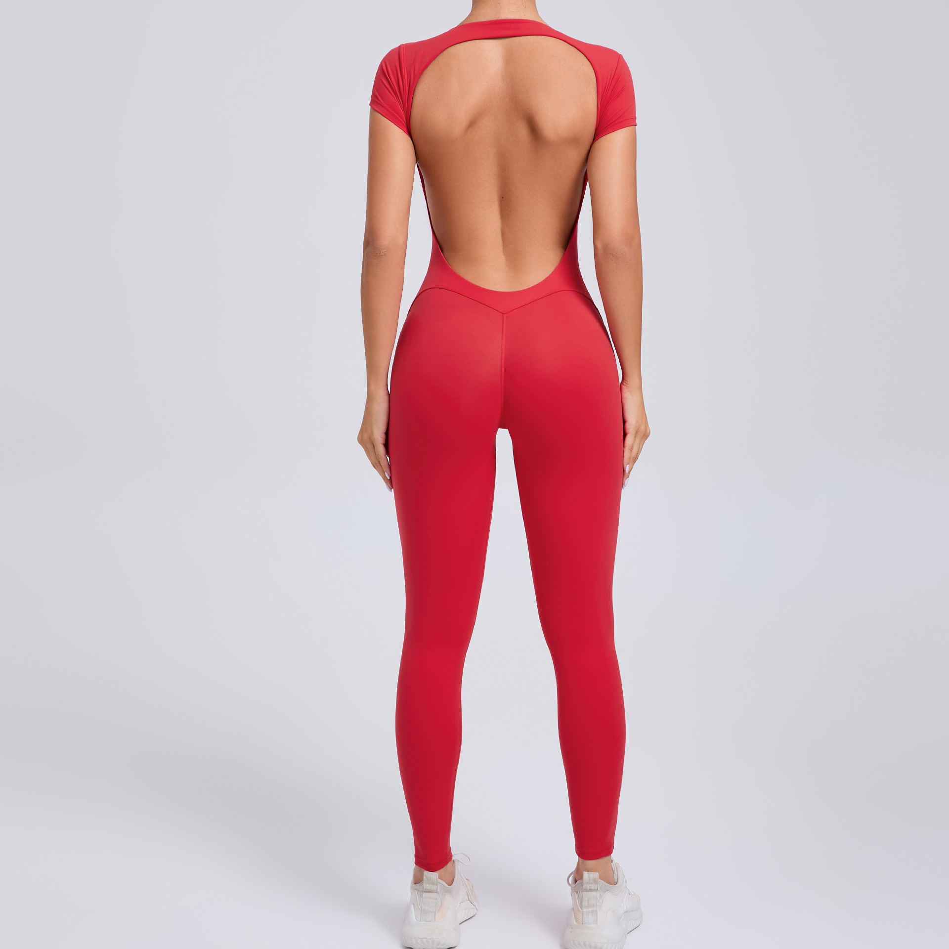 Sexy Backless Short-Sleeved High-Intensity Fitness Jumpsuit   QS89071