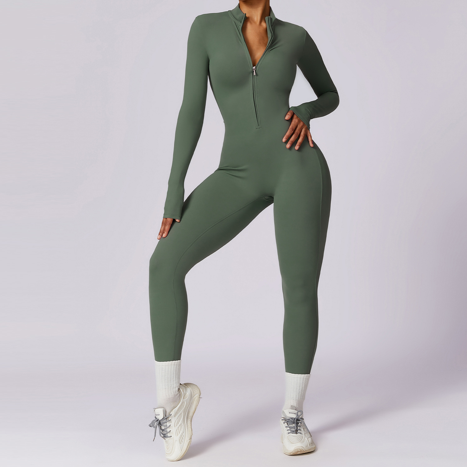 Soft Fabric Zip Down Long Sleeve Jumpsuit