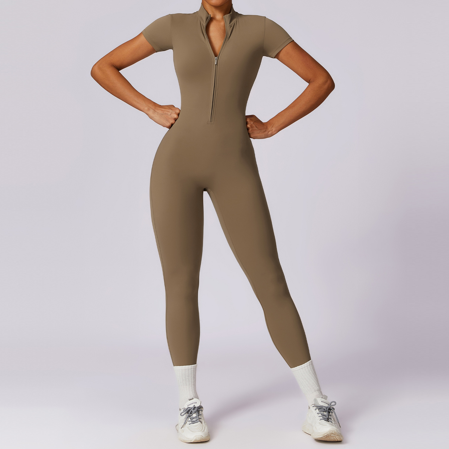 Soft Fabric Zip Down Short Sleeve Jumpsuit