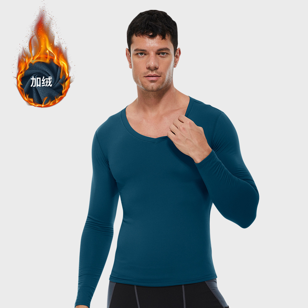 Men V Neck Fitness Long Sleeve Shirt With Velvet 01511