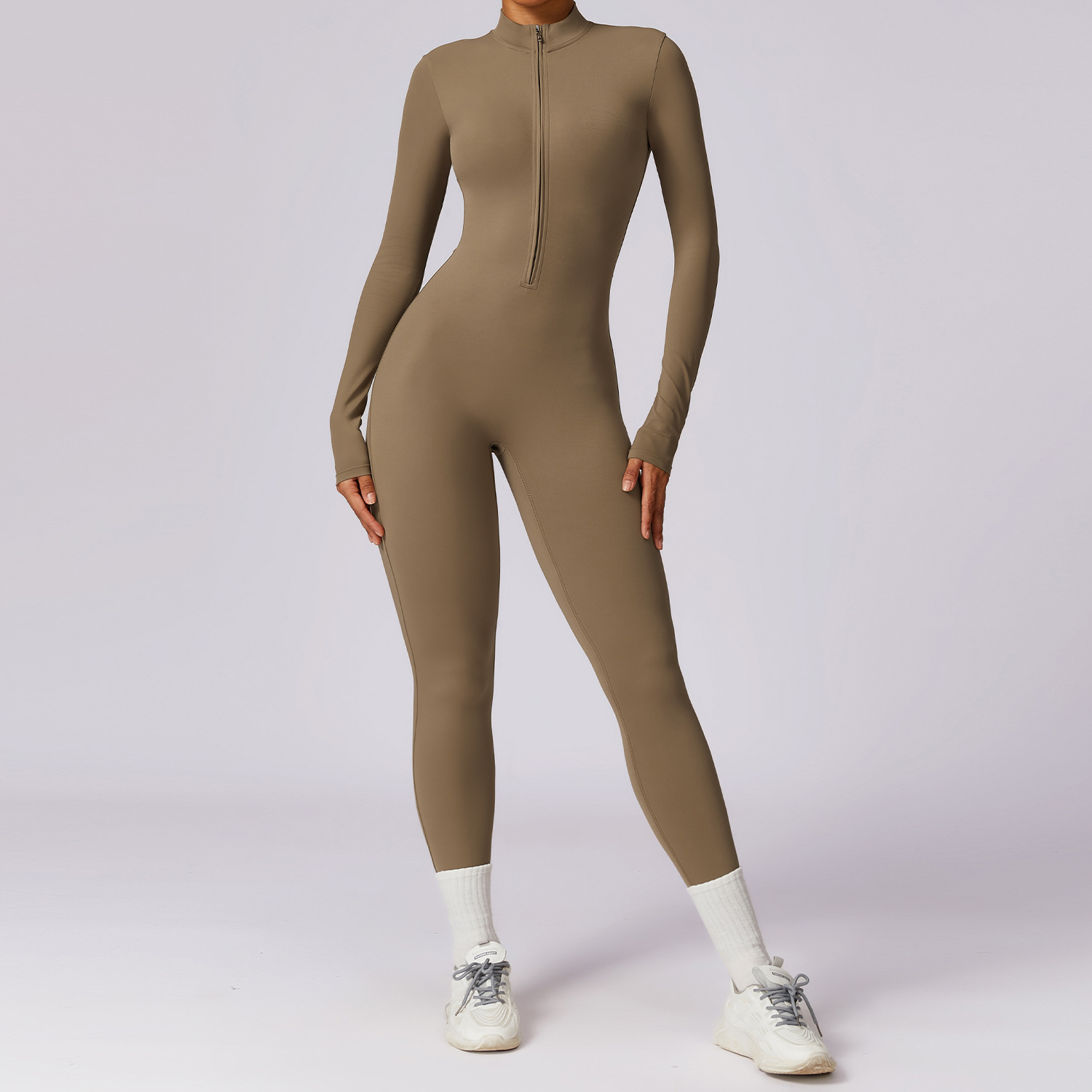 Soft Fabric Zip Down Long Sleeve Jumpsuit