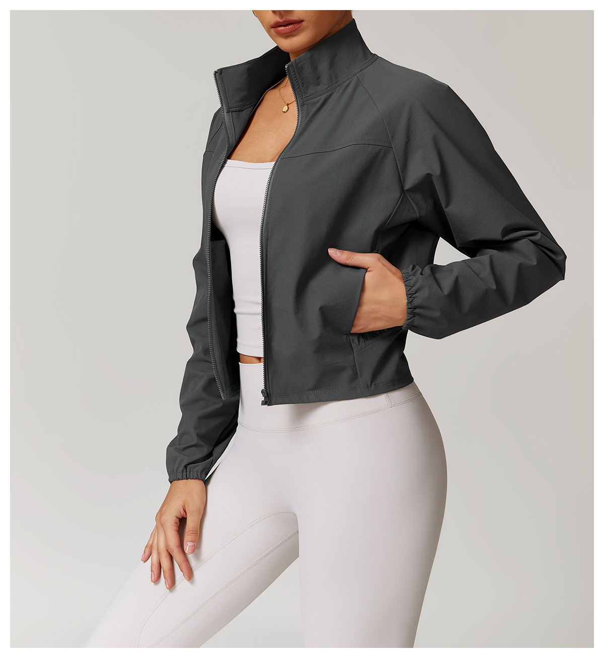 Quick Dry Zip Down Yoga Jacket with Side Pockects and Hidden Pockect