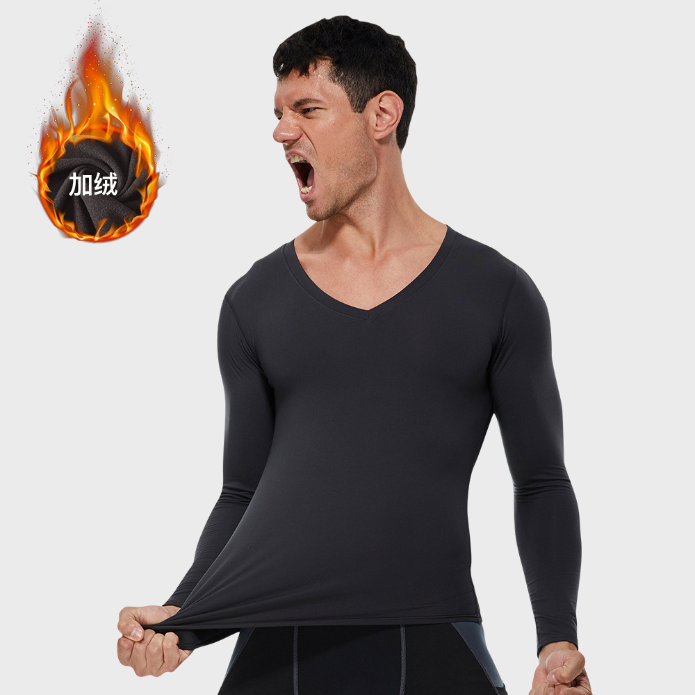 Men V Neck Fitness Long Sleeve Shirt With Velvet 01511