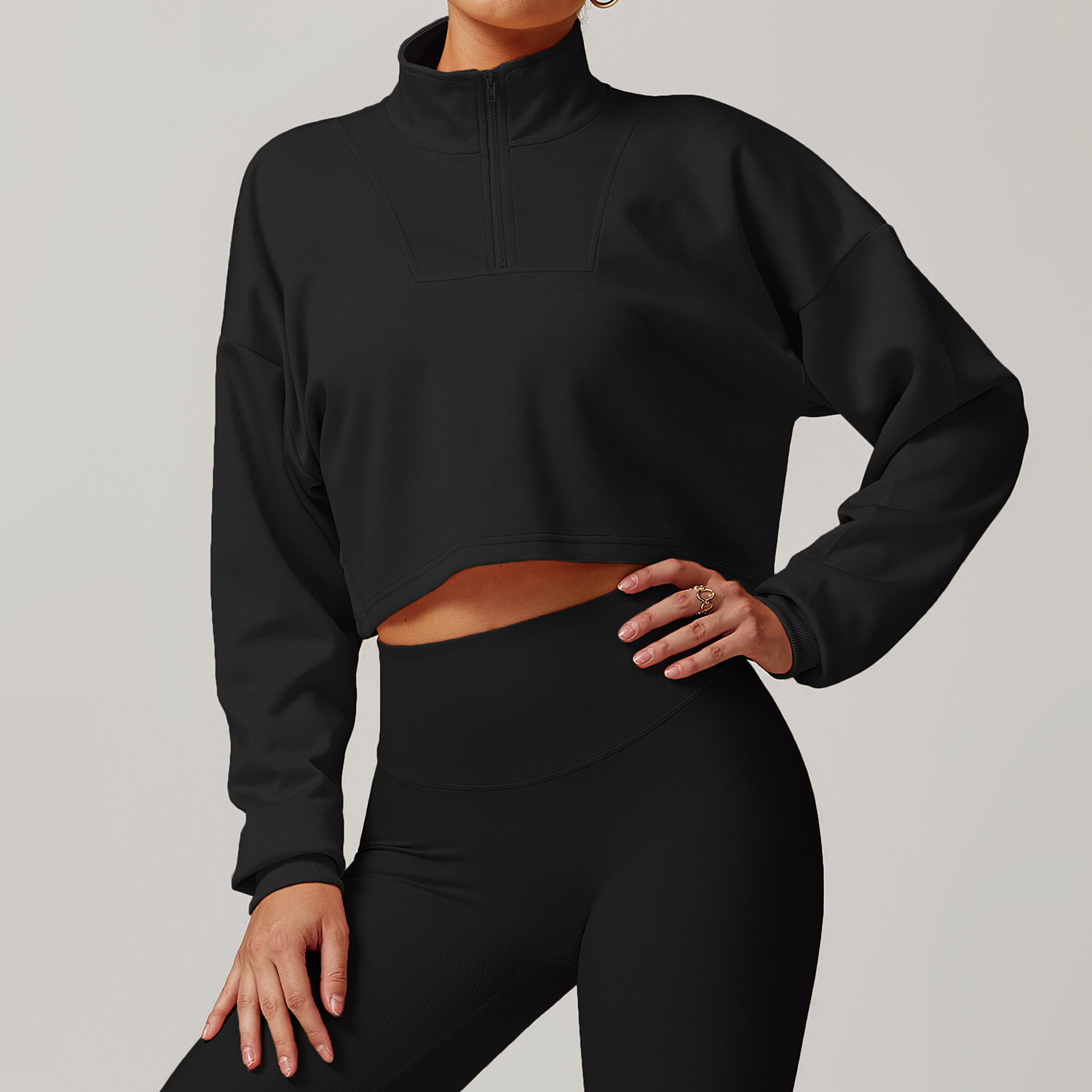 Stand Collar Loose Crop Yoga Top