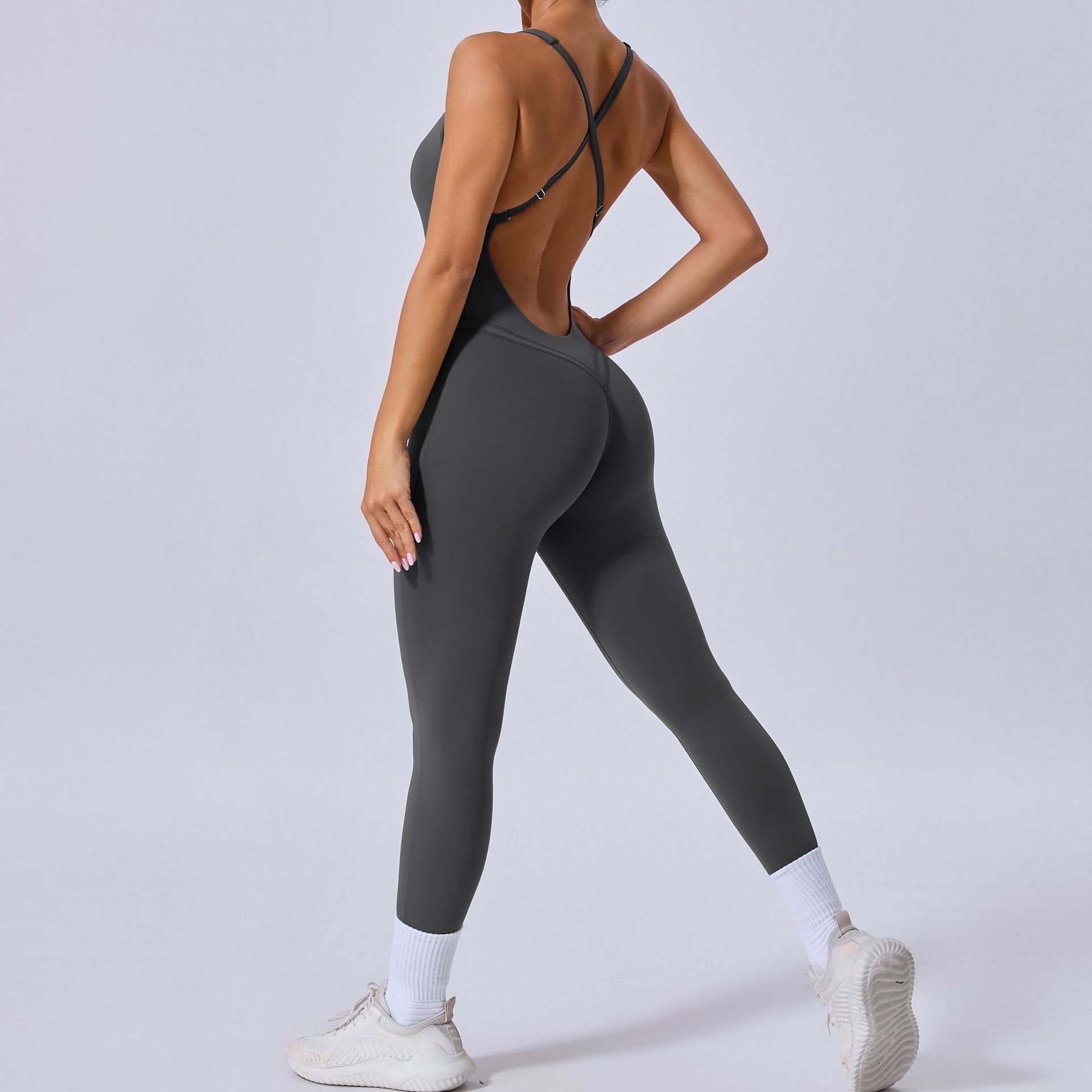 Solid Color Cross Back Sports Jumpsuit QS90107