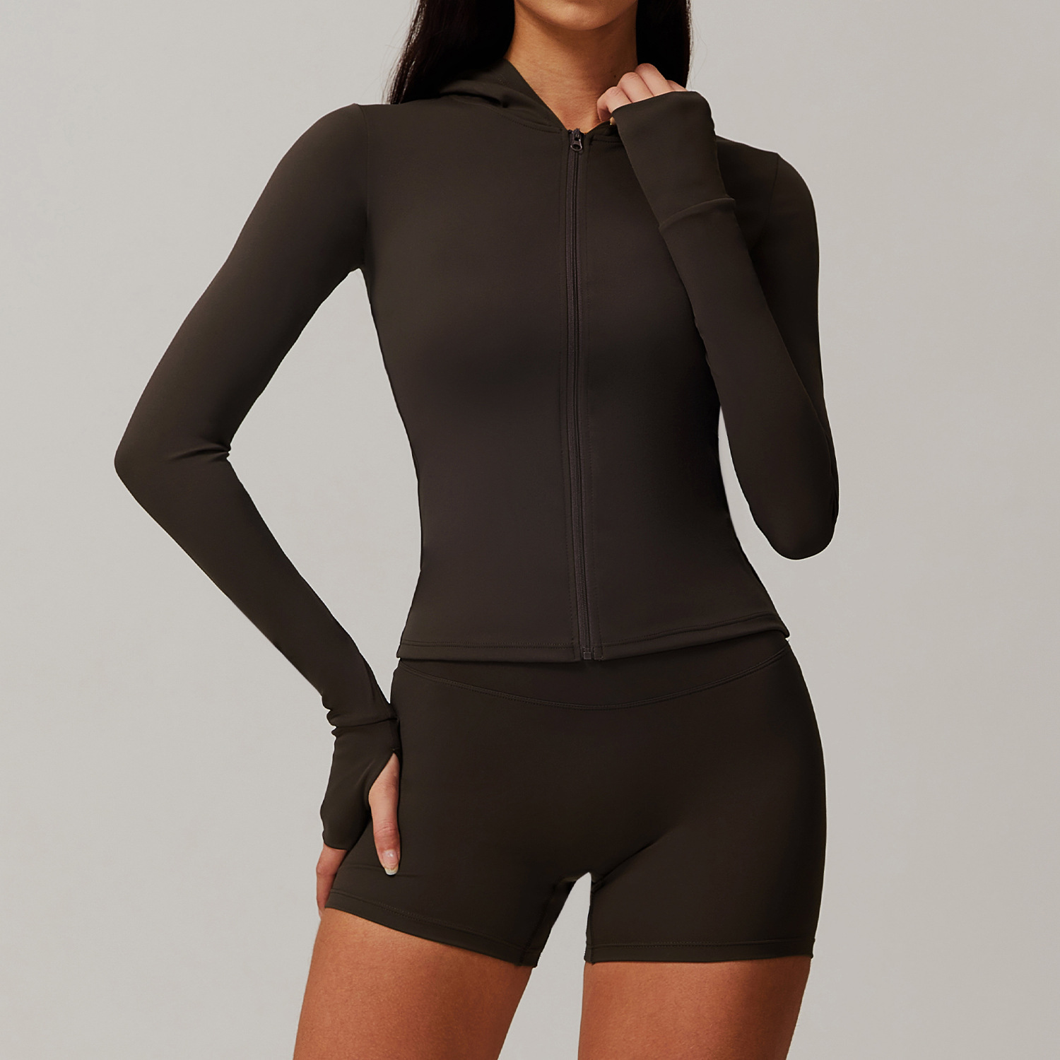 Soft Fabric Zip Down Slim Hooded Yoga Top