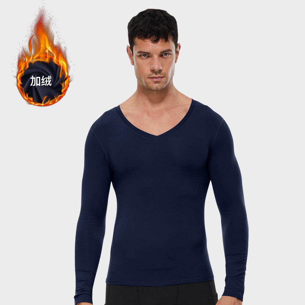 Men V Neck Fitness Long Sleeve Shirt With Velvet 01511