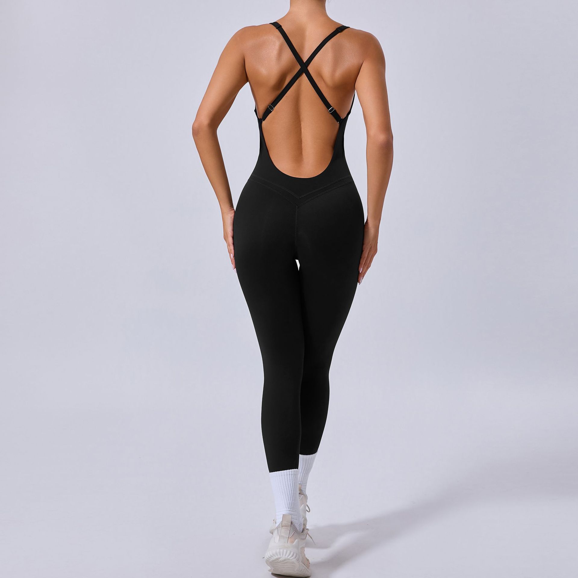 Solid Color Cross Back Sports Jumpsuit QS90107