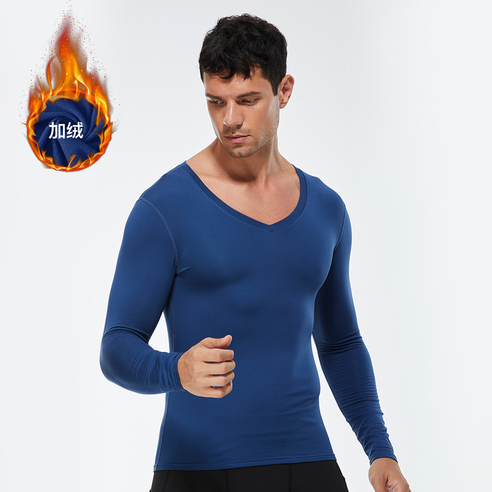 Men V Neck Fitness Long Sleeve Shirt With Velvet 01511