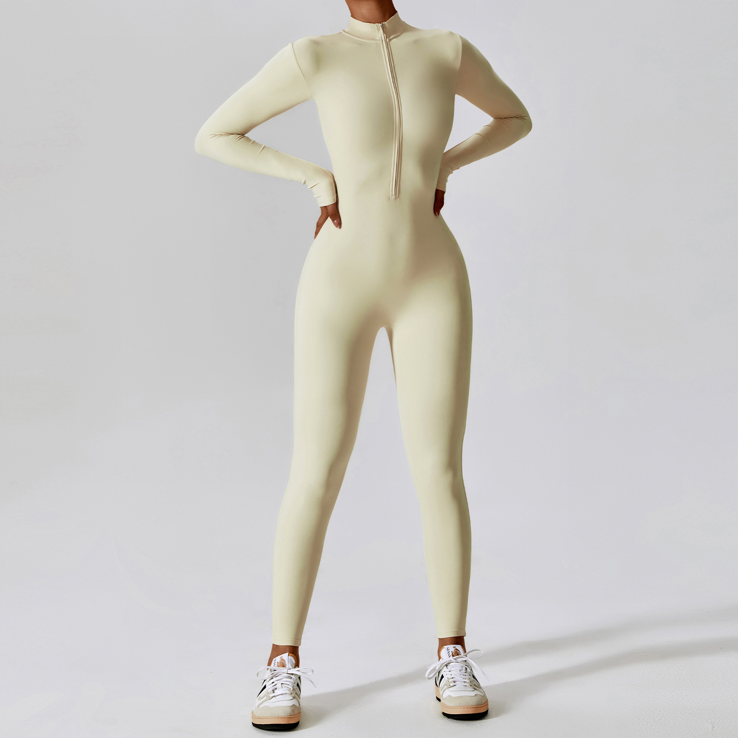 Soft Fabric Zip Down Long Sleeve Jumpsuit