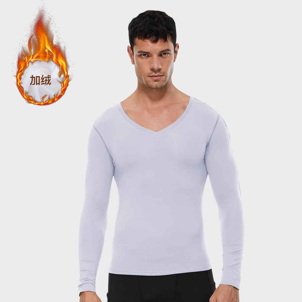 Men V Neck Fitness Long Sleeve Shirt With Velvet 01511