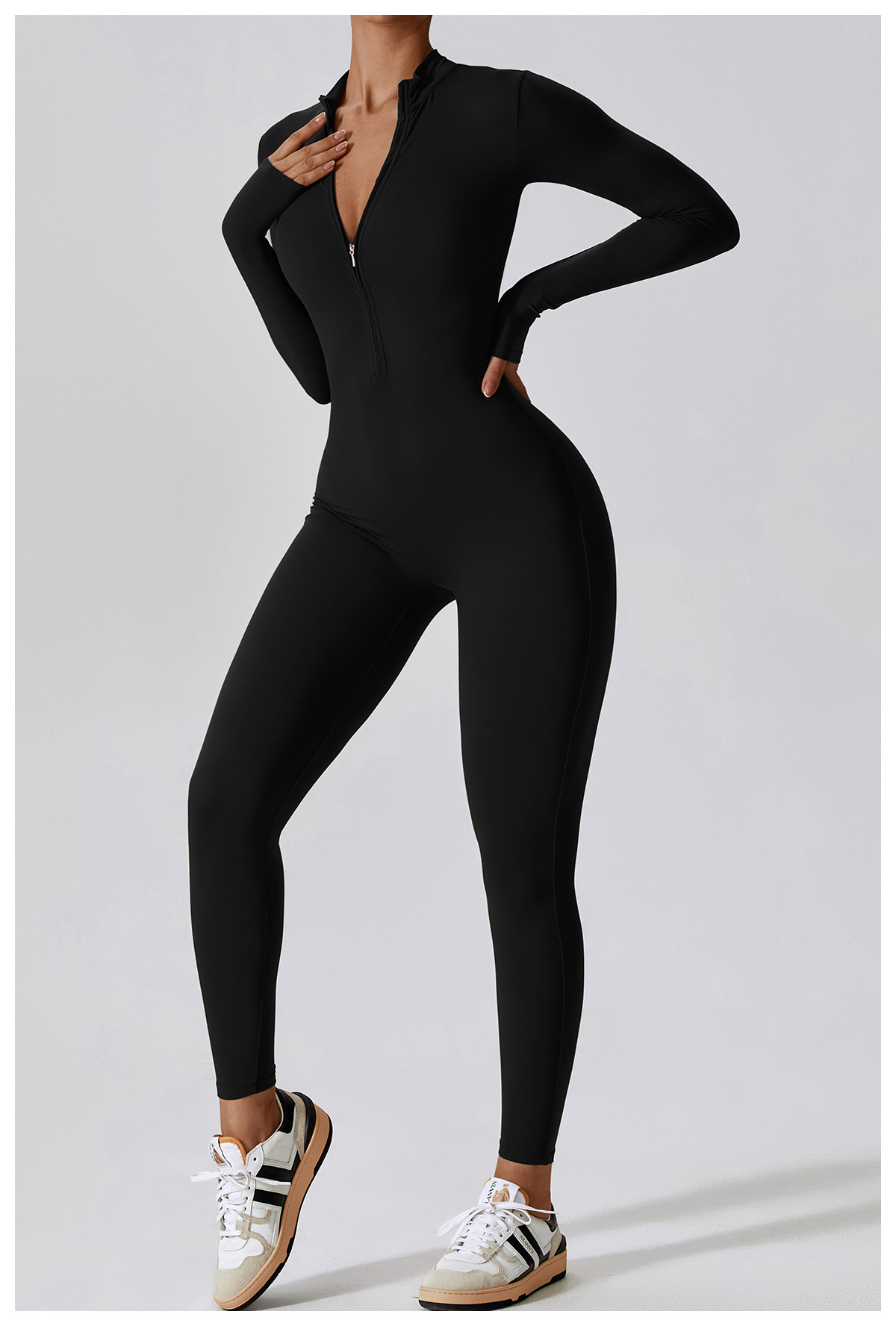 Soft Fabric Zip Down Long Sleeve Jumpsuit