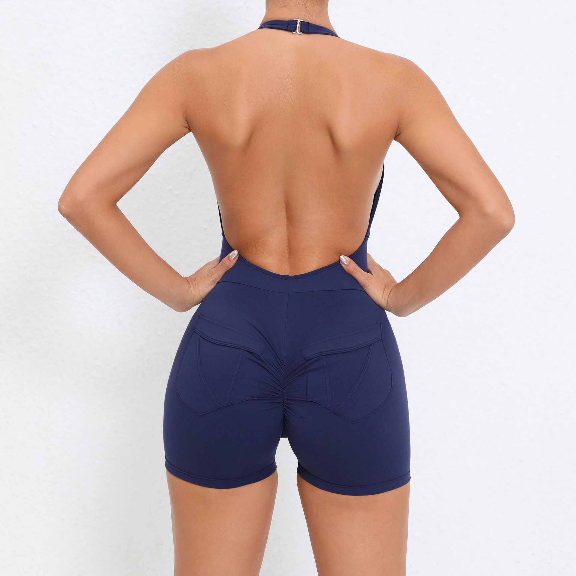 Hanging Neck Pocket Backless Tight Fitness Jumpsuit  QS1105 