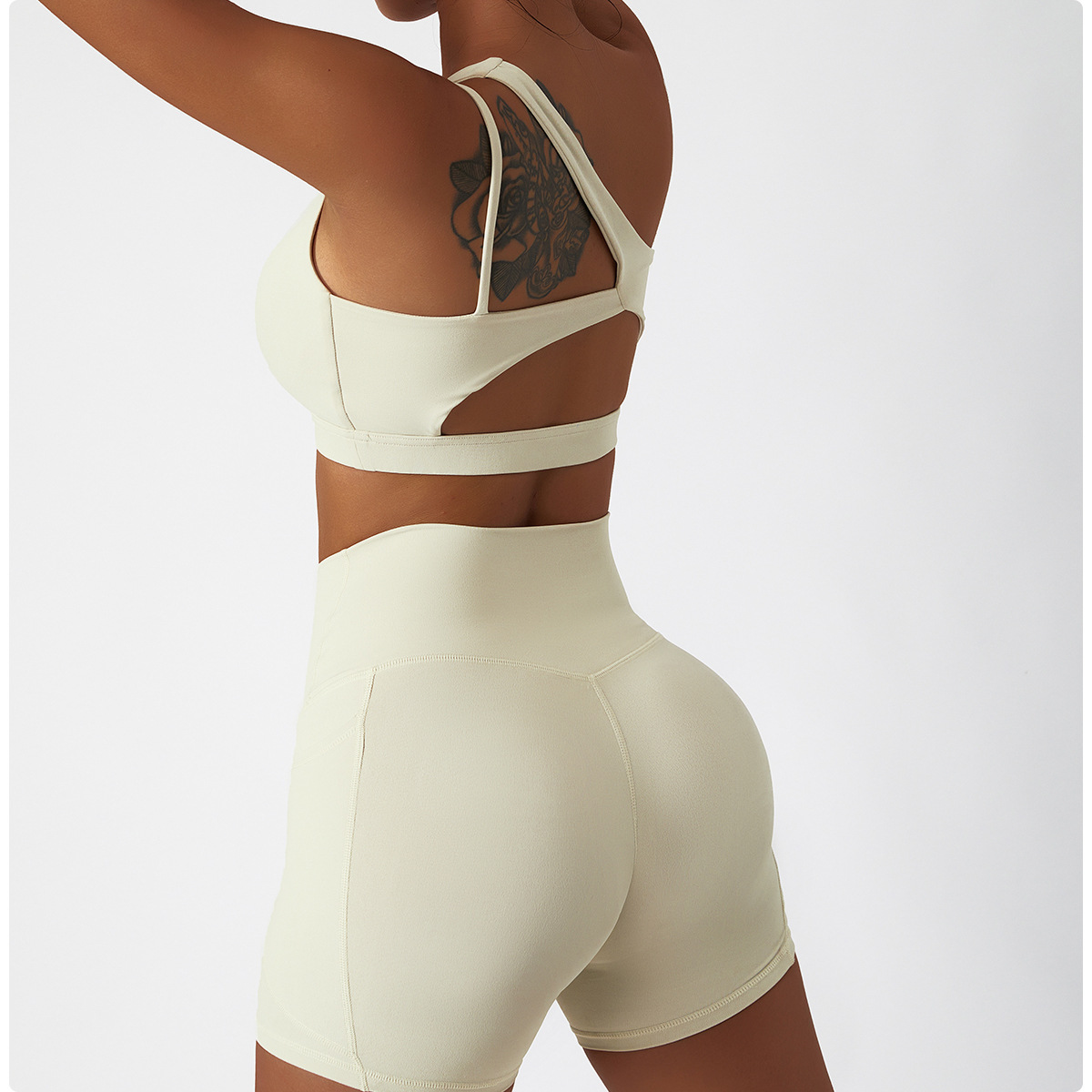 Wide Hem & One Shoulder Soft Material Yoga Shorts Sets