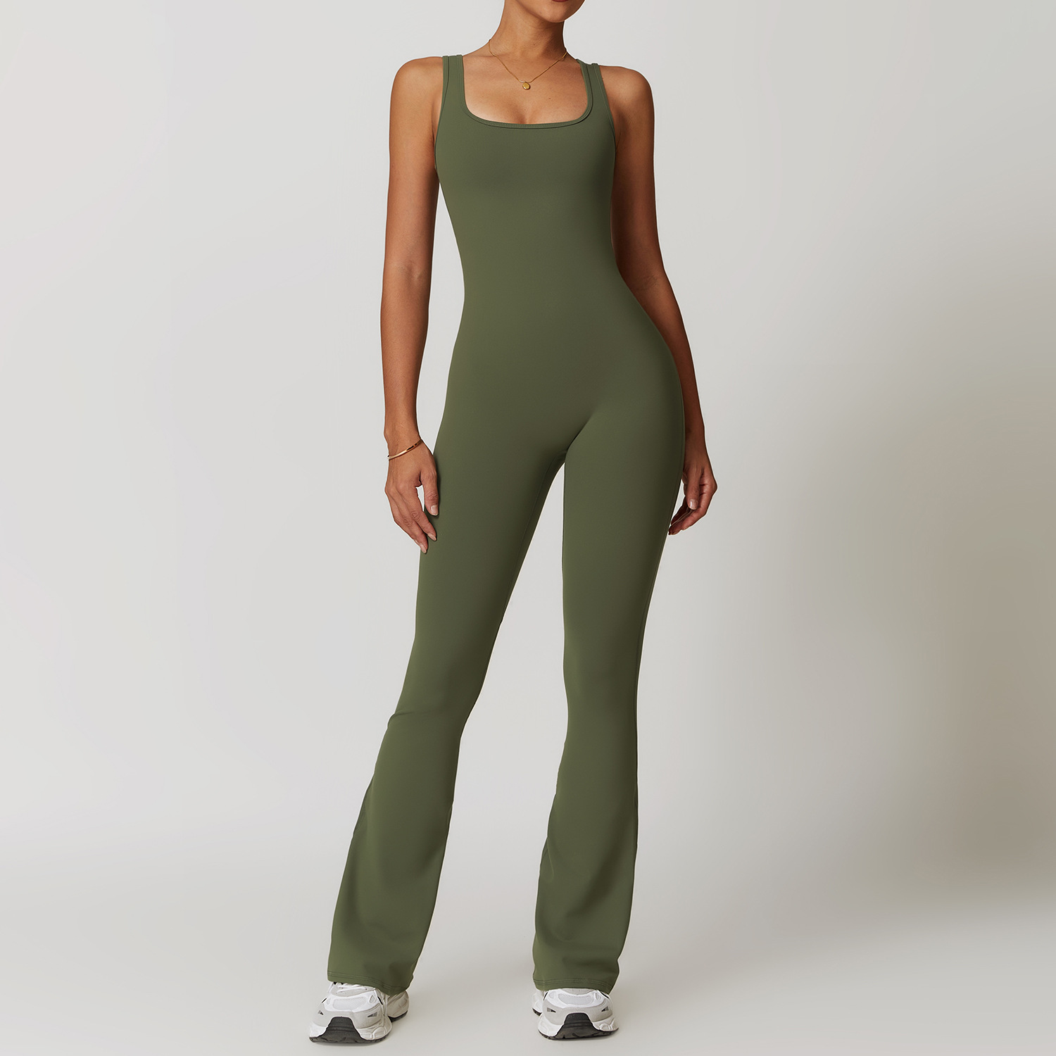 Square Collar Soft Fabric Flare Jumpsuit 