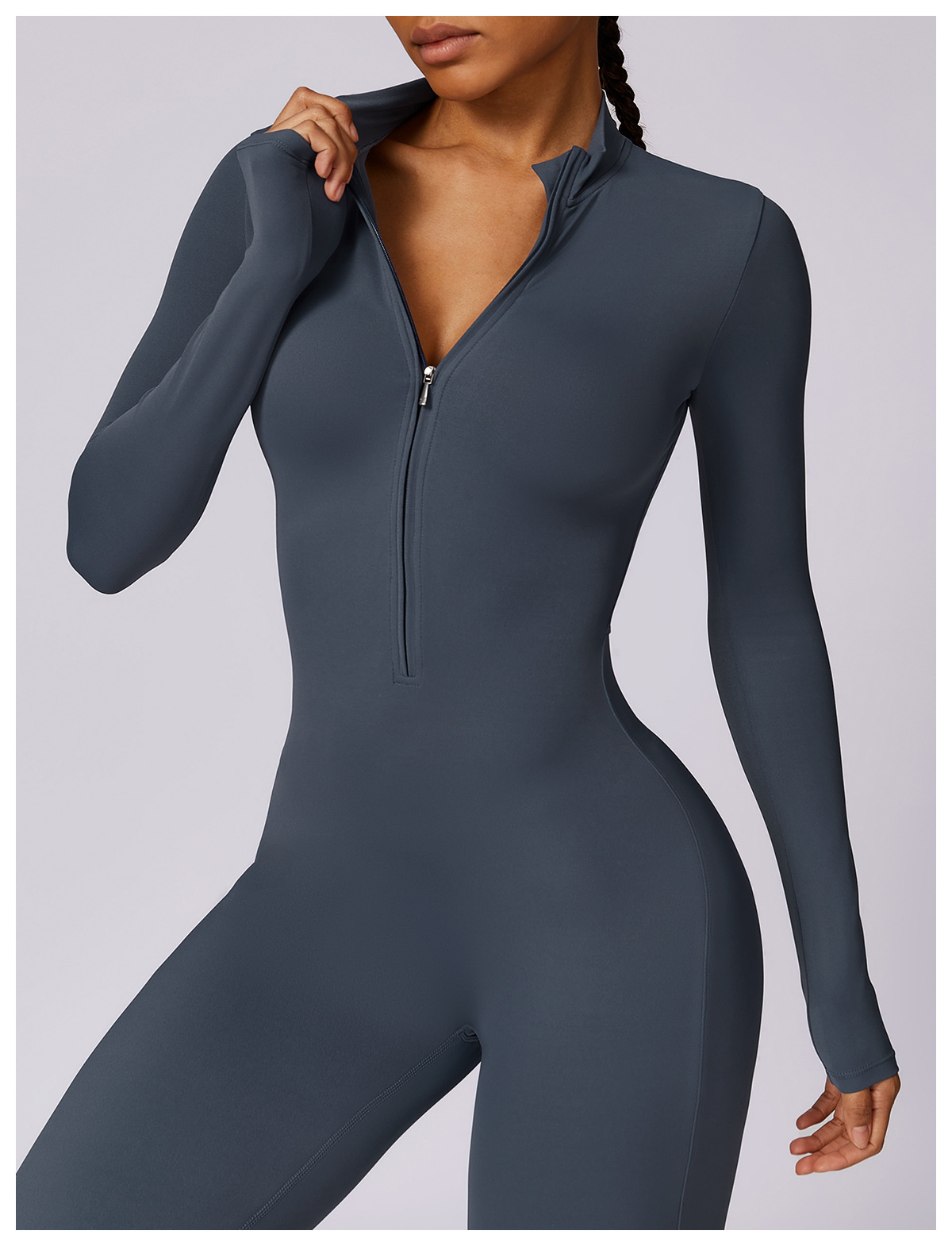 Soft Fabric Zip Down Long Sleeve Jumpsuit