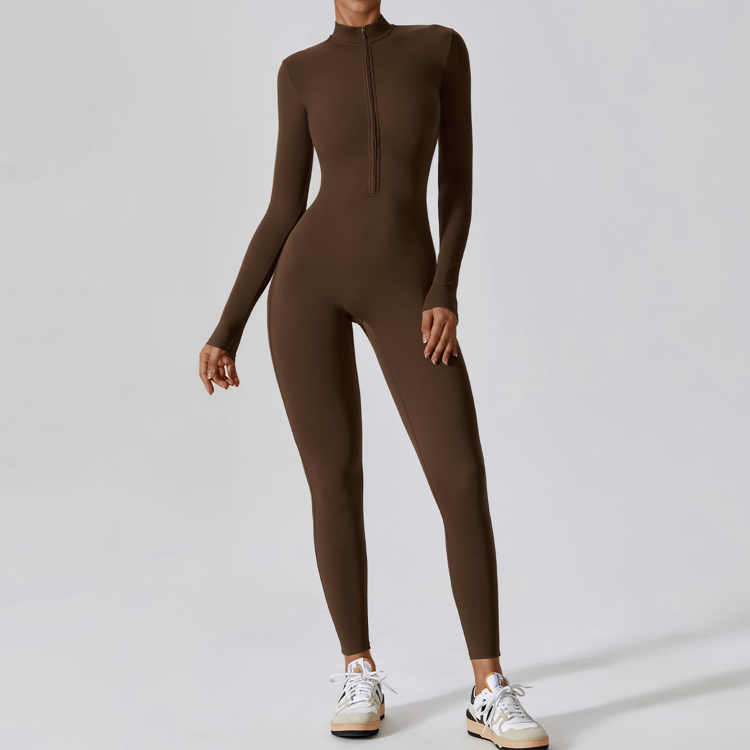 Soft Fabric Zip Down Long Sleeve Jumpsuit