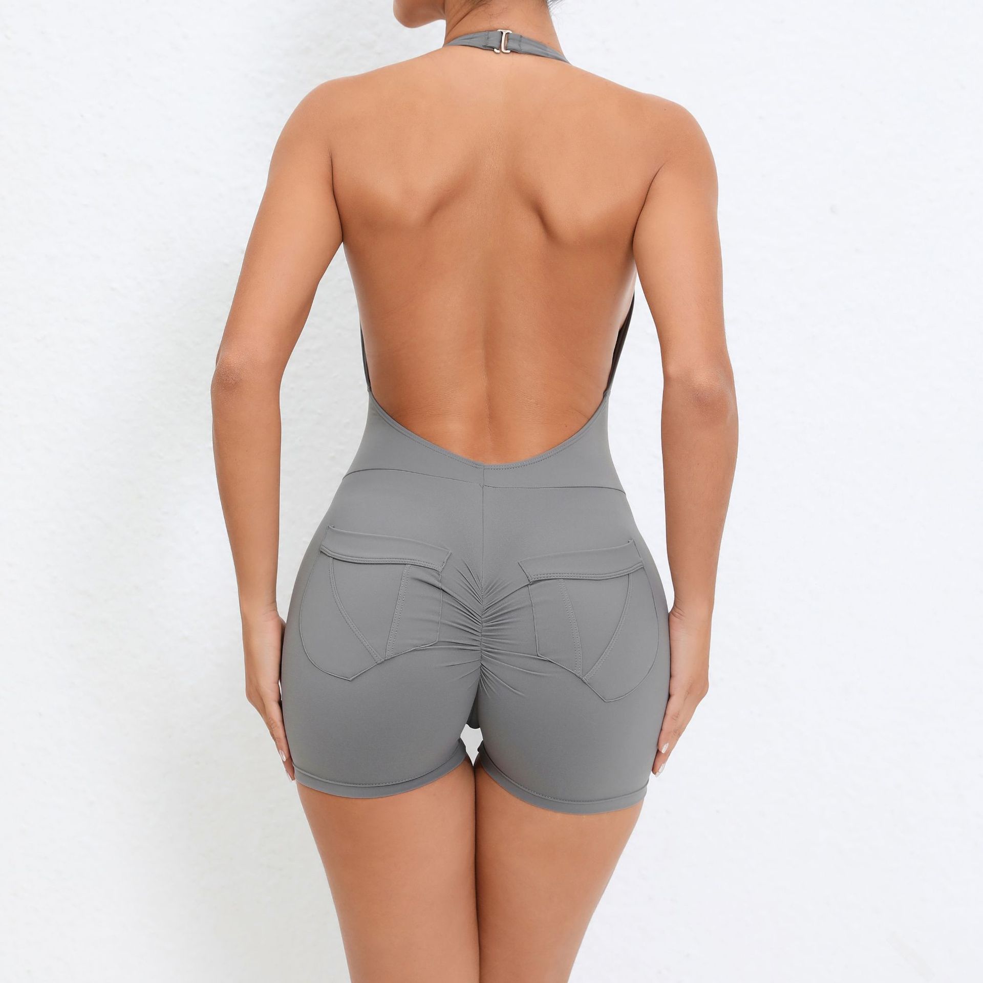 Hanging Neck Pocket Backless Tight Fitness Jumpsuit  QS1105 