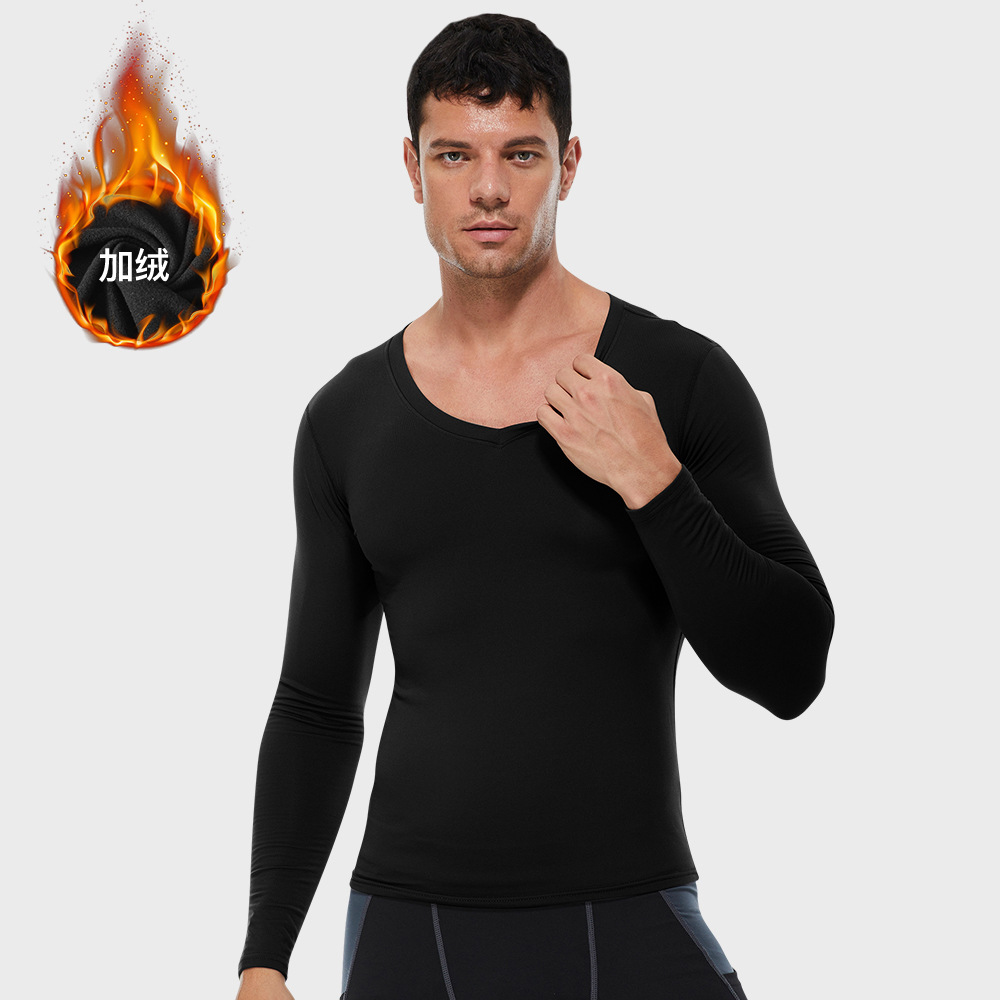 Men V Neck Fitness Long Sleeve Shirt With Velvet 01511