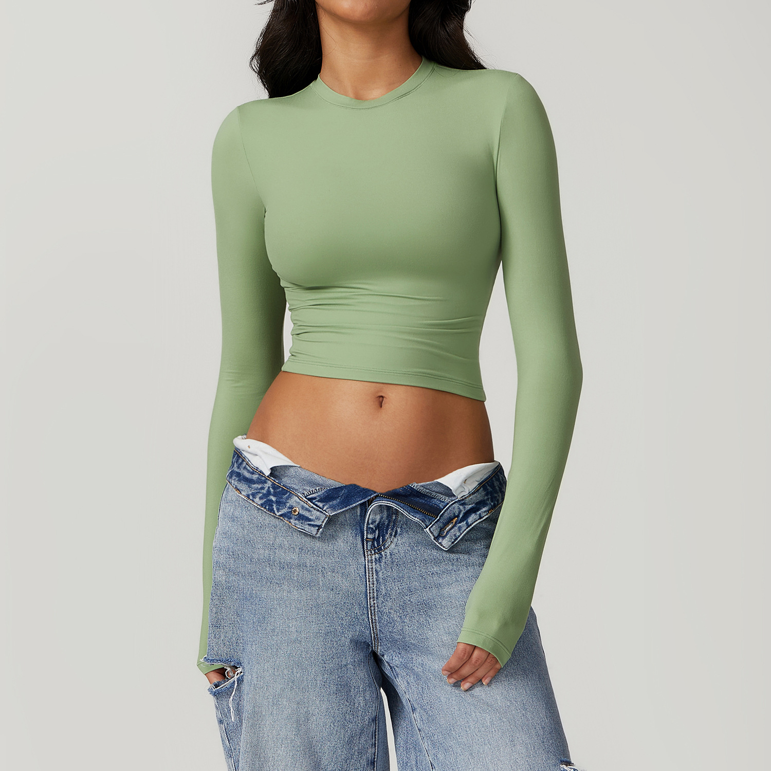 Soft Fabric Silm Long Sleeves Crop Top Without Cups 8743