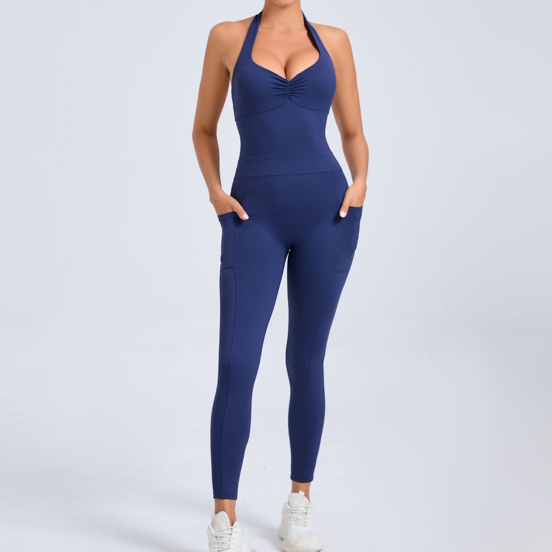 Hanging Neck With Pockets On Both Sides Backless Fitness Tight Sports Jumpsuit  QS520166