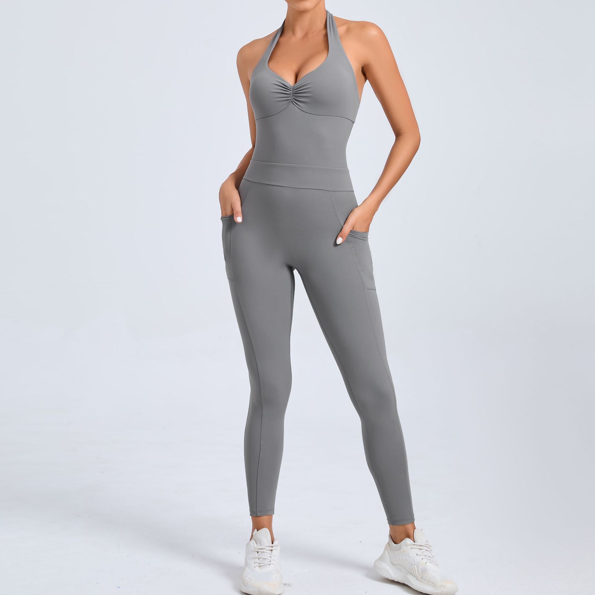 Hanging Neck With Pockets On Both Sides Backless Fitness Tight Sports Jumpsuit  QS520166