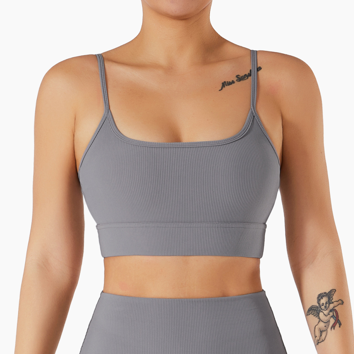 Ribbed Double Thin Straps Wide Hem Yoga Bra 6256