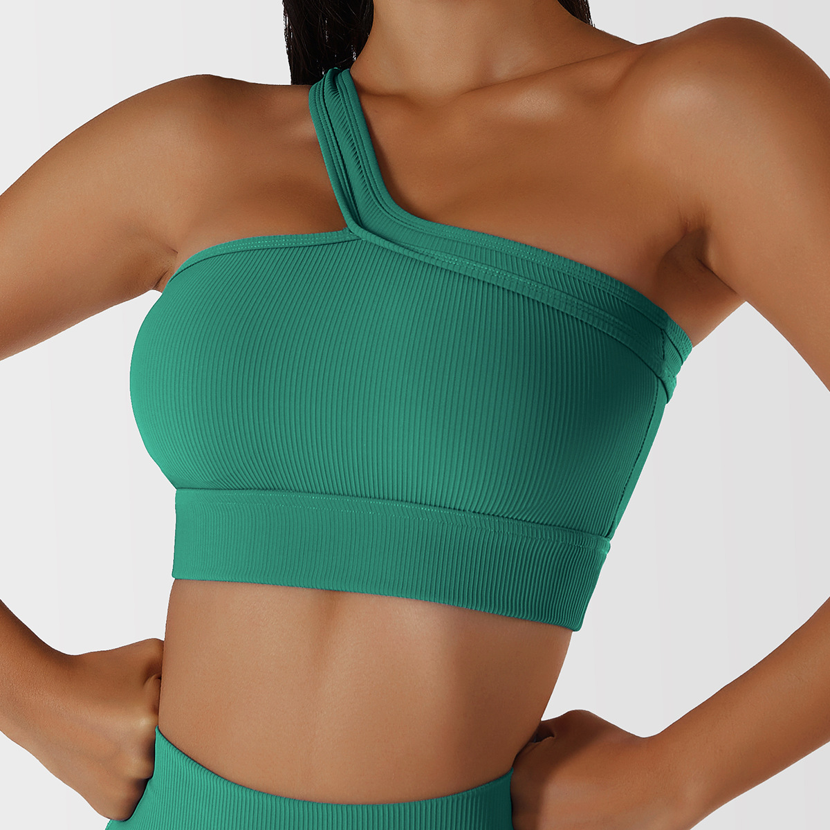 Ribbed One Shoulder Wide Hem Yoga Bra 6256