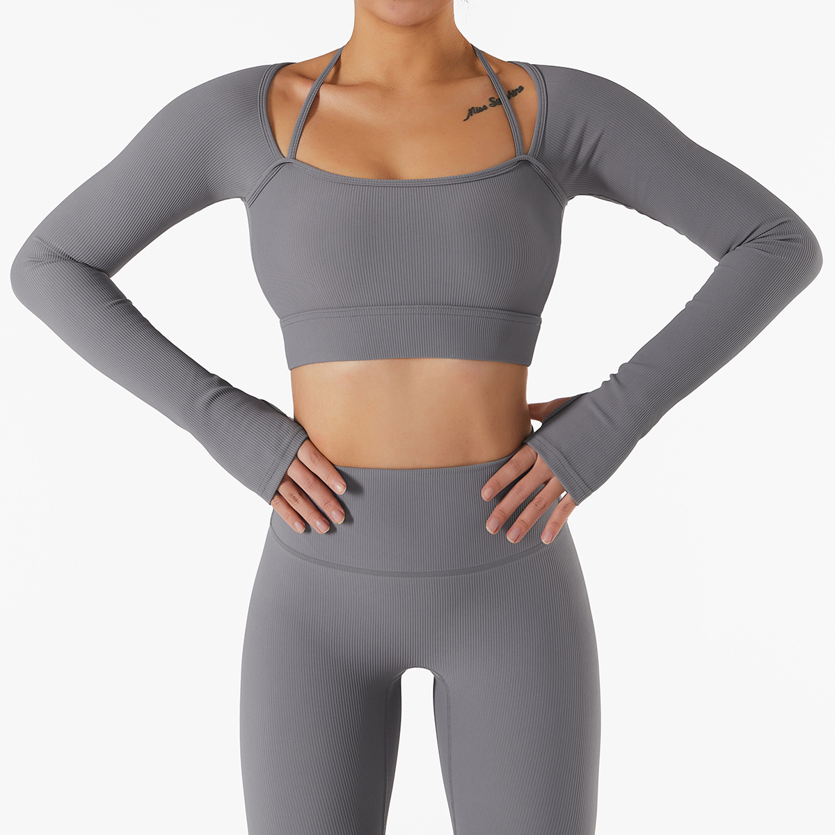 Ribbed Slim Yoga Tops With Tumb Holes 6256