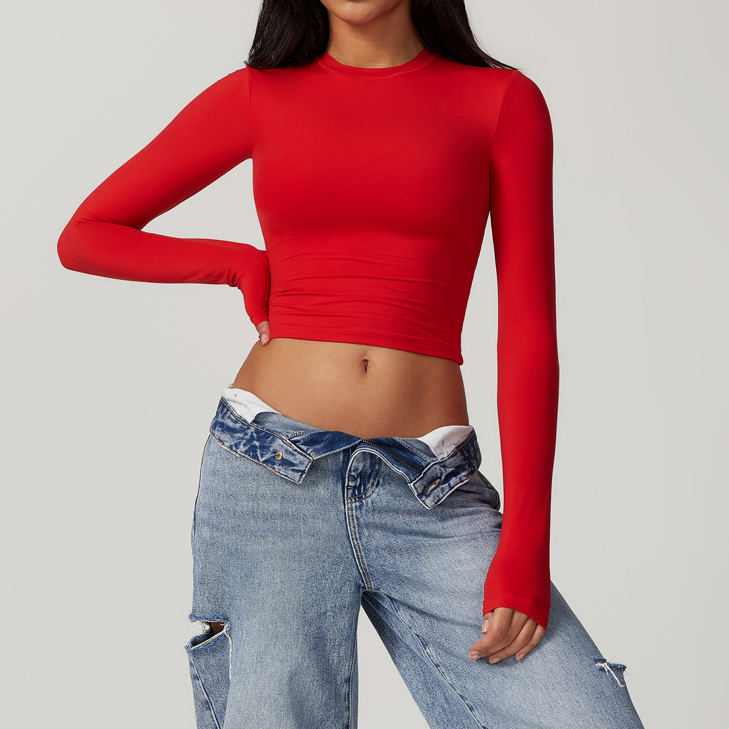 Soft Fabric Silm Long Sleeves Crop Top Without Cups 8743