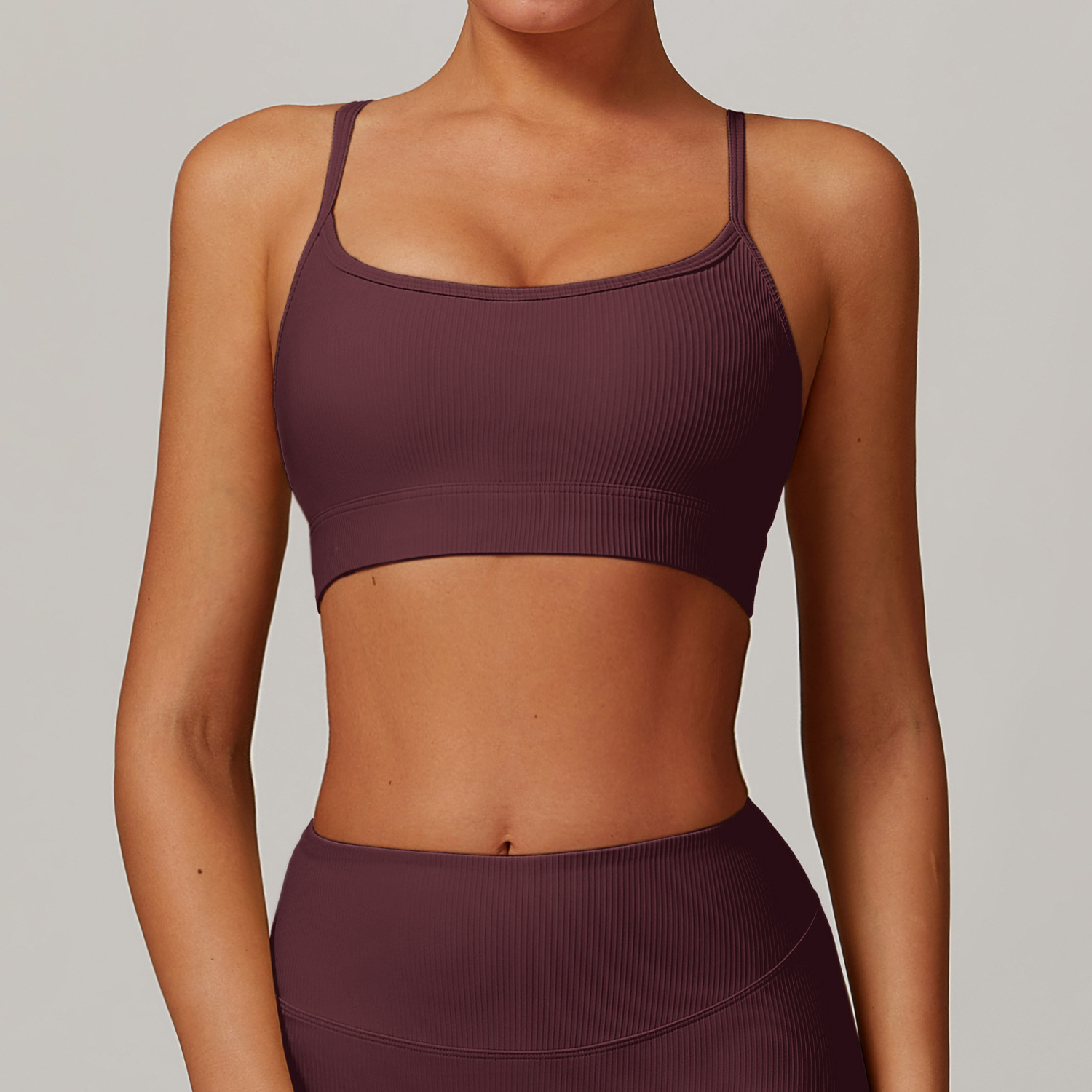 Ribbed Double Thin Straps Wide Hem Yoga Bra 6256