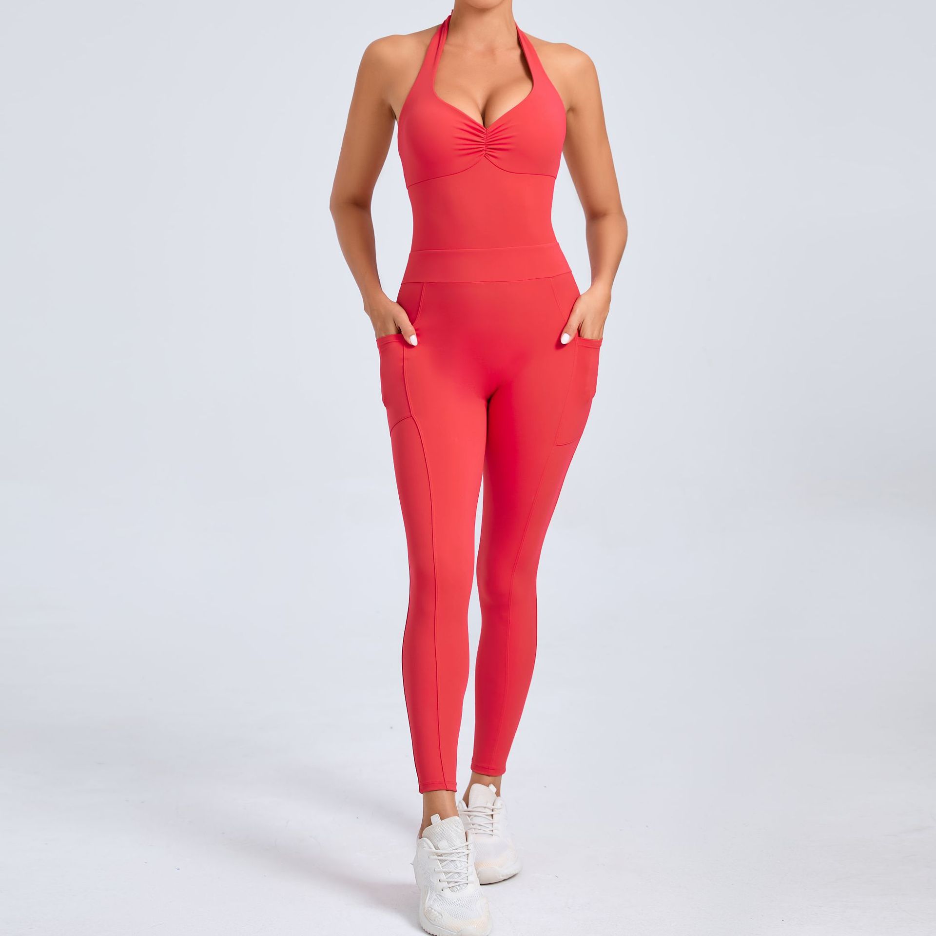 Hanging Neck With Pockets On Both Sides Backless Fitness Tight Sports Jumpsuit  QS520166